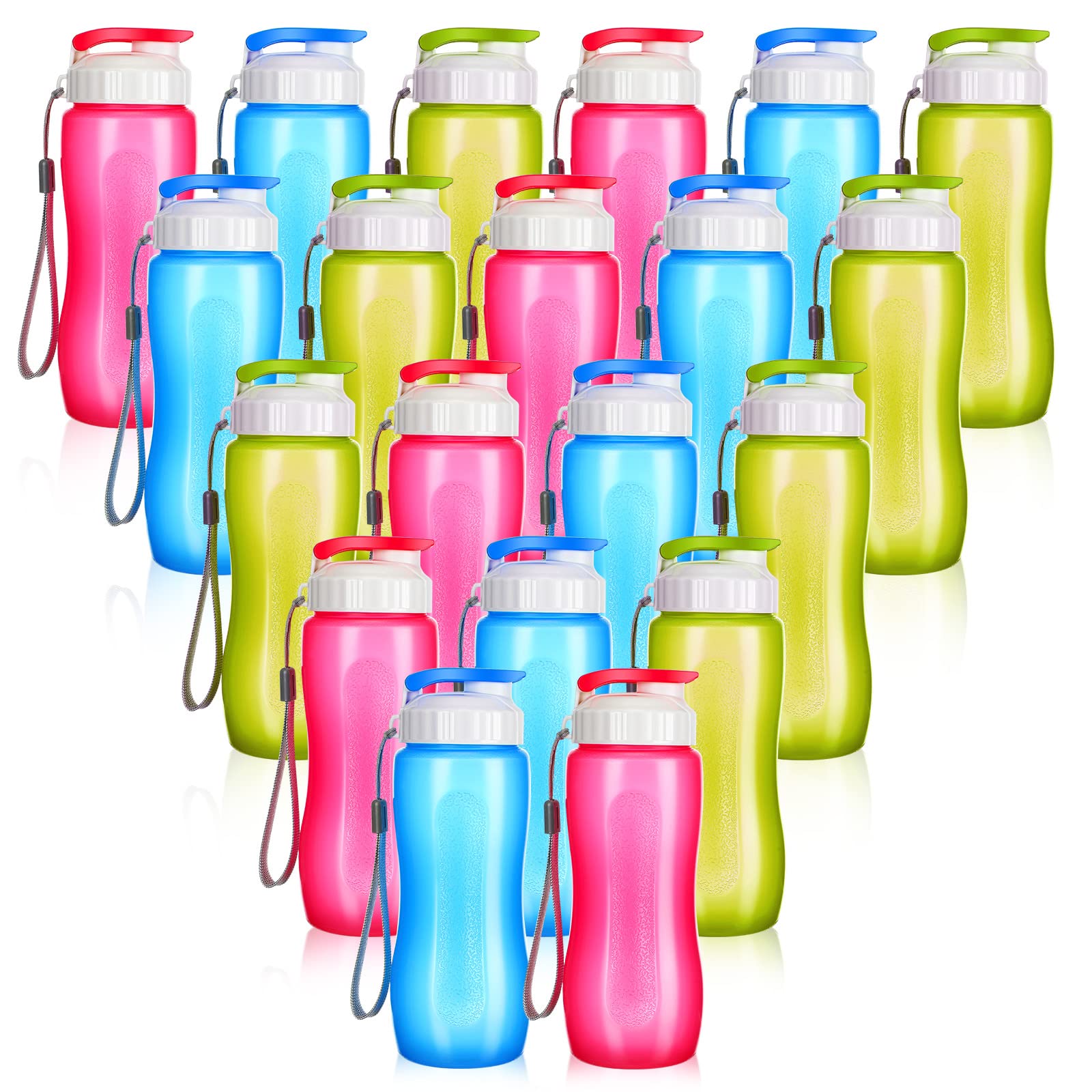 Rtteri 20 Pcs Water Bottle Bulk 17 oz Plastic Reusable Sports Bottles Bulk, Leakproof Drink Flip Top with Handle Strap for Kids,