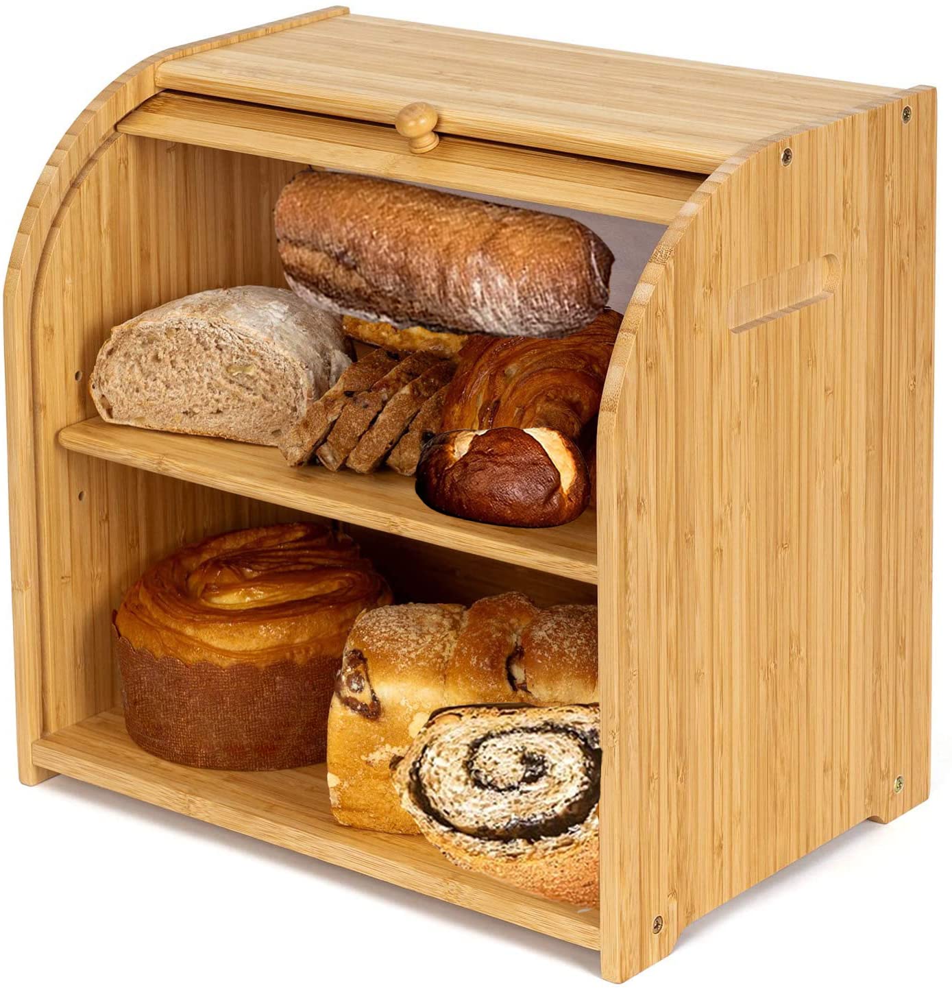 Purbambo Bamboo Bread Box For Kitchen Countertop, Double Layer Roll-Top Bread Storage Boxes Food Keeper With Adjustable Middle S