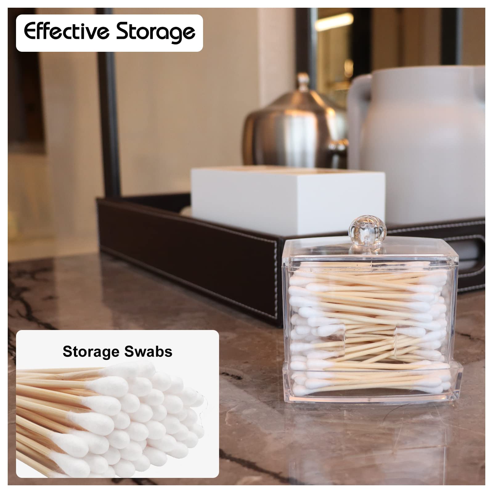 Qihomy Square Cotton Swab Storage Container - Transparent Apothecary Jars With Lids Unbreakable Cotton Ball Qtip Holder With 2 T