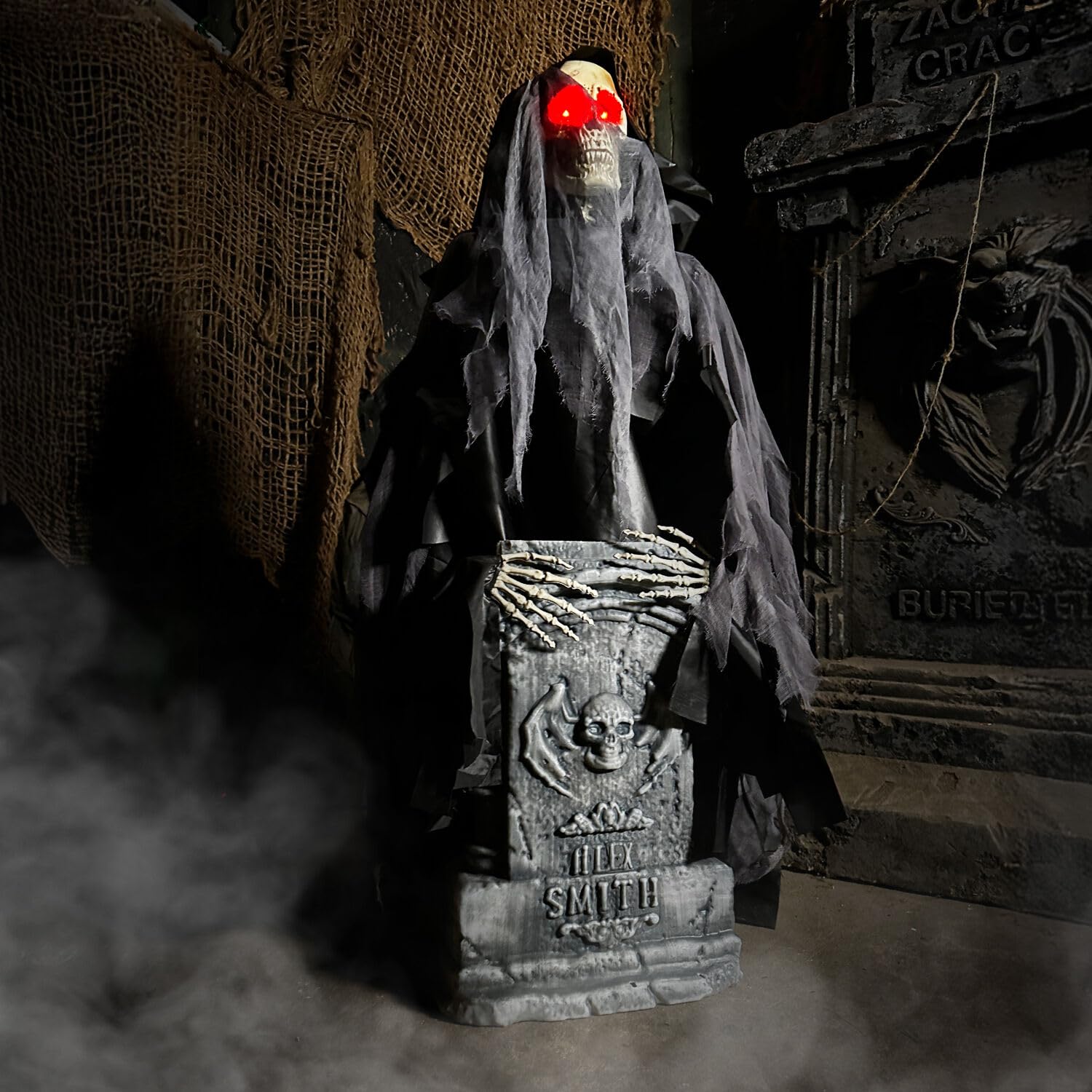 Haunted Hill Farm 3-Ft Rising Reaper with Tombstone, Halloween Accessory, Creepy Horror Movie Skeleton Prop, Spooky Occult Skull