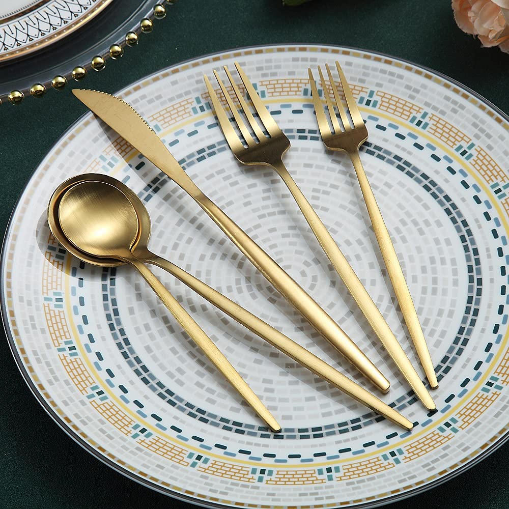Matte Gold Silverware Set 40 Pieces, Stainless Steel Golden Flatware Set, Titanium Plating Cutlery Set, Matte Gold Utensil Sets,