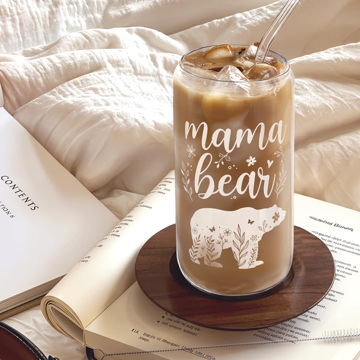 Mom Gifts - Mama Bear 16 Oz Can Glass Tumbler with Bamboo Lid and Straw - Iced Coffee Cups for Women, Aesthetic Glass Cup Gift f