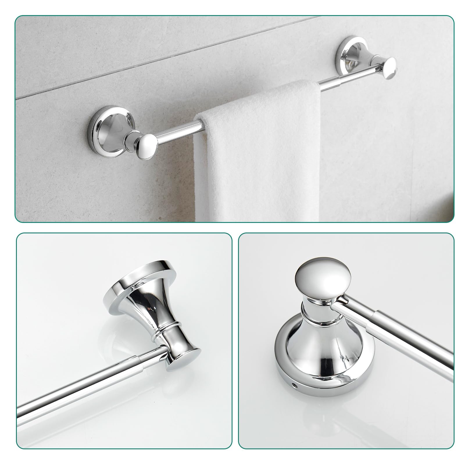 Hoimpro Chrome 4-Piece Bathroom Bath Set, Wall Mount Bathroom Hardware Fixture (Adjustable Towel Bar Rack, Towel Ring Holder, Pa