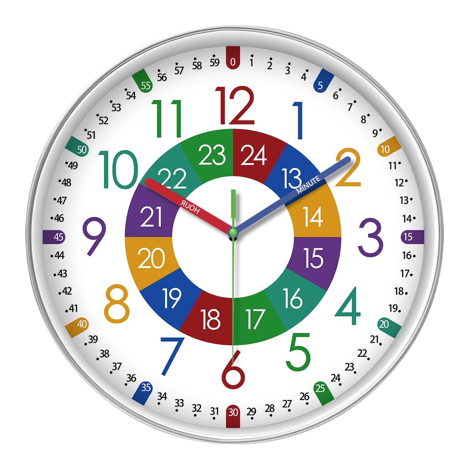 Xfm Small Clock Learning For Kids - Colorful Kids Clock For Bedroom - Silent Non Ticking Wall Clock Battery Operated 12 Inch
