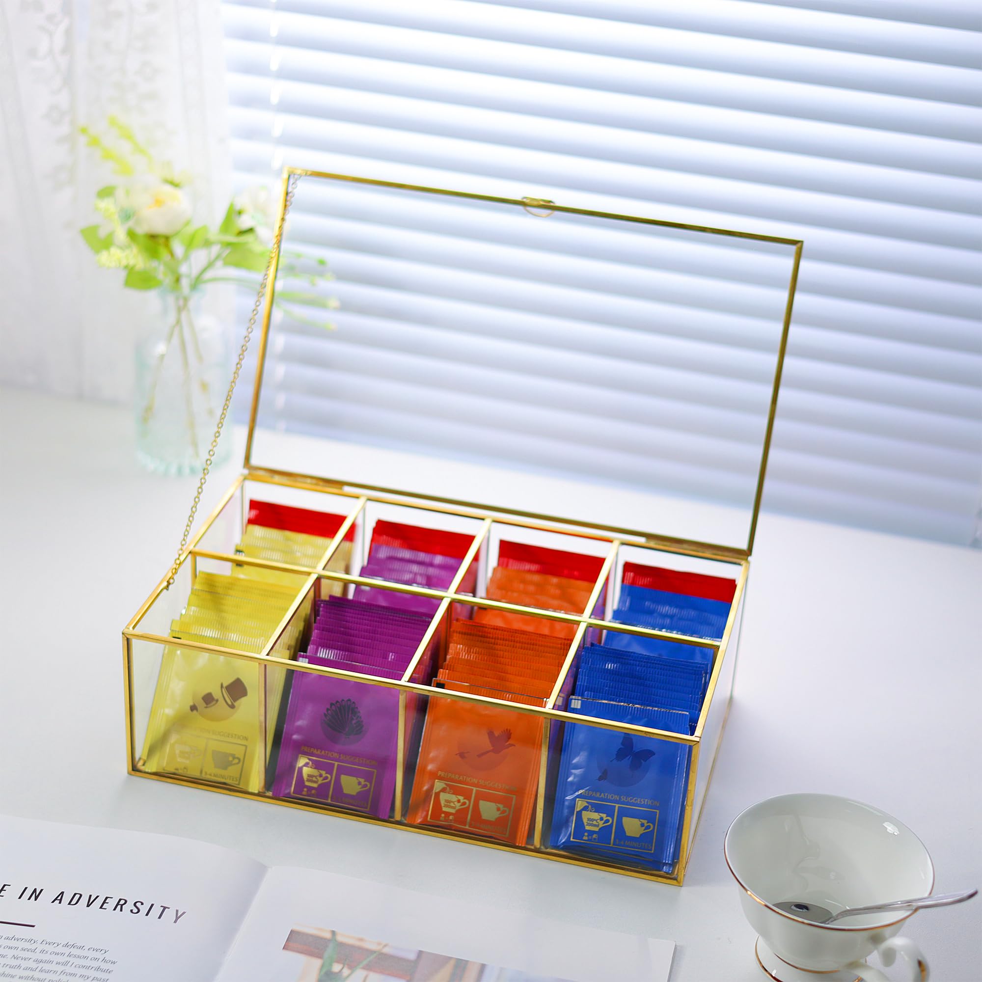 Redhugo Glass Tea Bag Organizer With 8 Compartments, Handmade Large Tea Bag Storage Box For Counter Kitchen, Tea Bag Holder,Tea