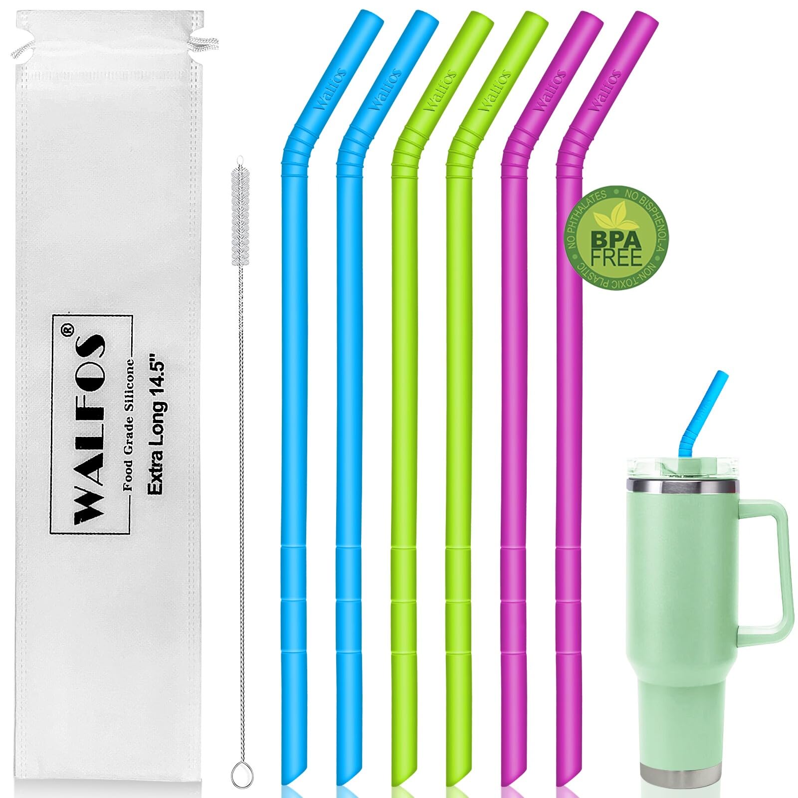 Walfos 14.5 Inch Extra Long Reusable Silicone Straws, Big Sizes Flexible Bendable Straws For 1/Half Gallon Large Water Bottles,