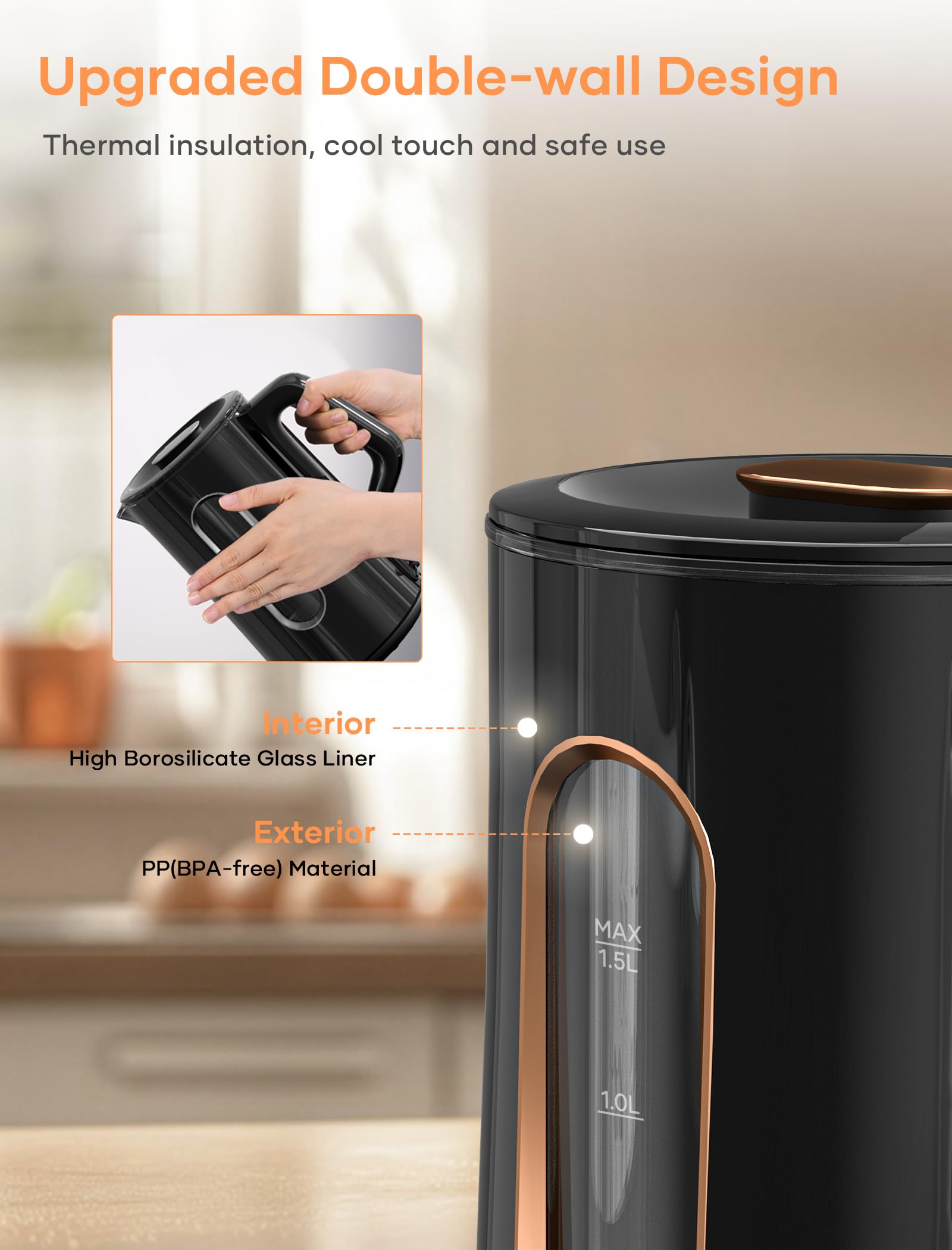 Offacy Electric Kettle, Tea Kettle Pot, Double Wall Glass Inner 1.5L/1200W, Hot Water Kettle Teapot Boiler & Heater With Automat