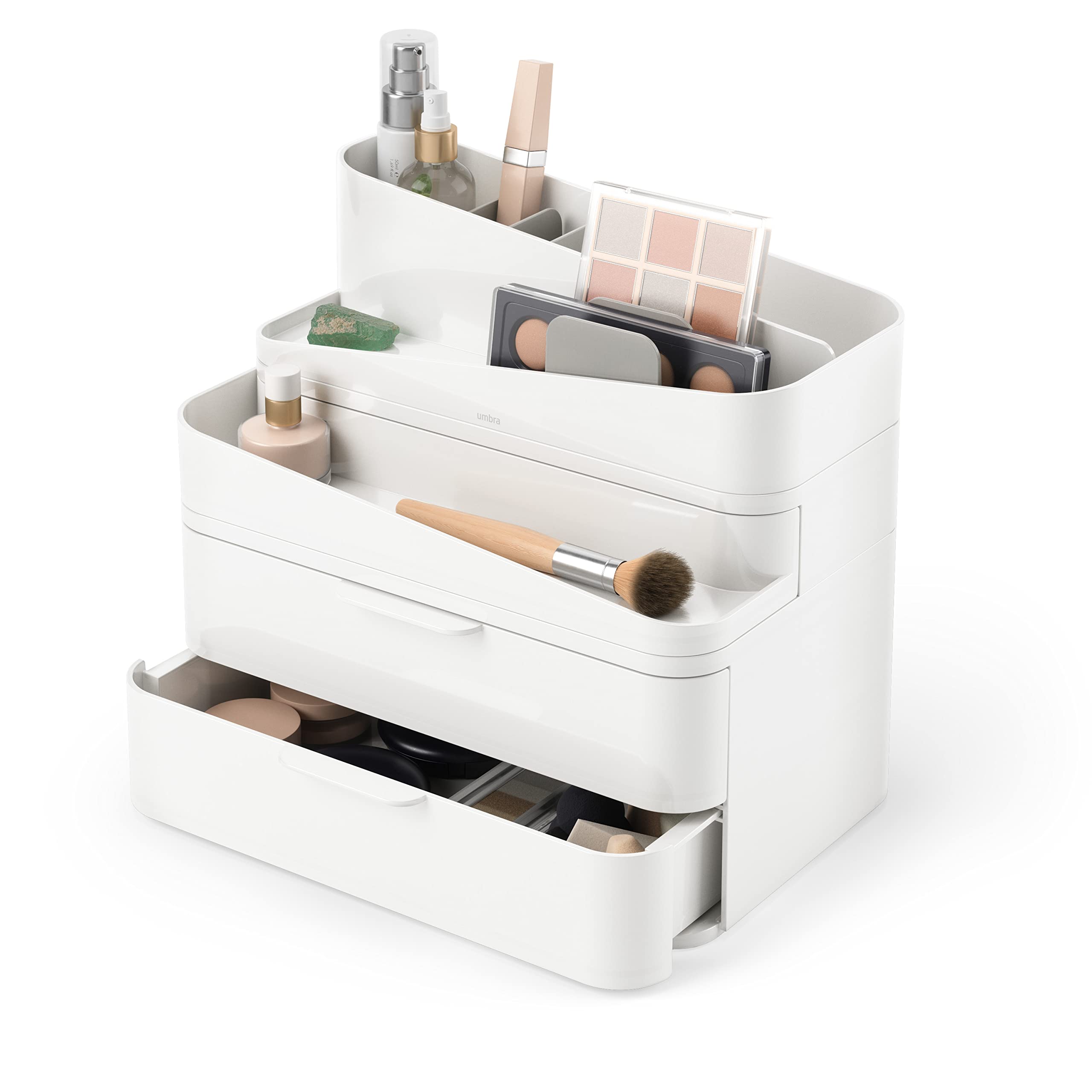 Umbra Glam Large Three Drawers Cosmetic Organizer With Rubber Feet And Removable Dividers (White And Gray)
