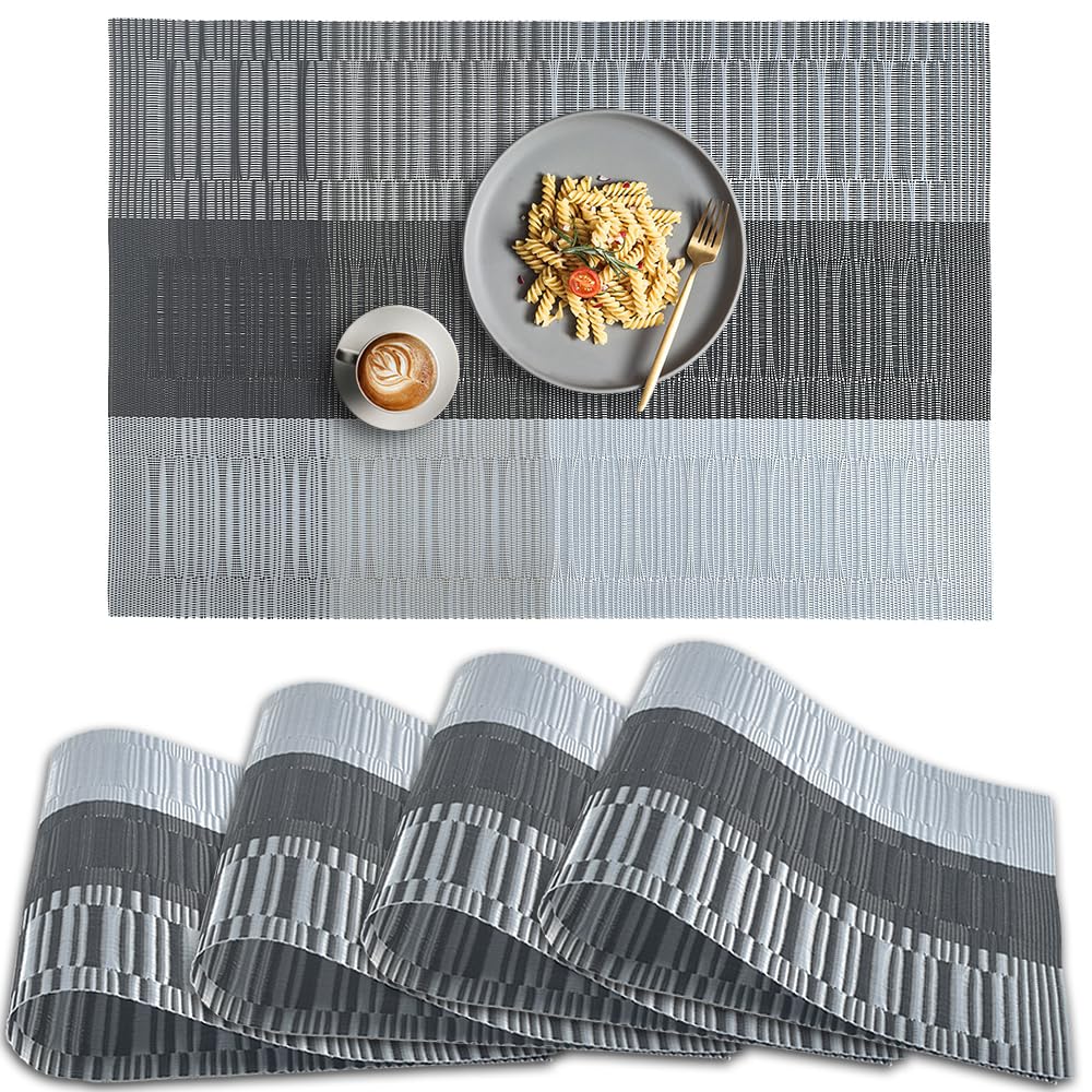 Homedge Pvc Placemat, 4 Pcs Of Non-Slip Heat Resistant Place Mats, Washable Vinyl Placemats, Set Of 4 - Ombre Silver Gray Black