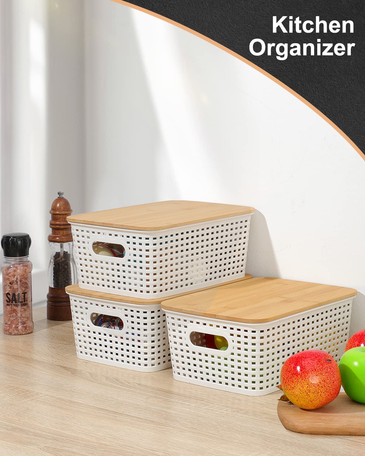 Plastic Storage Bins With Bamboo Lid Pantry Organization And Storage Baskets Containers Lidded Organizer Bins Small Baskets For