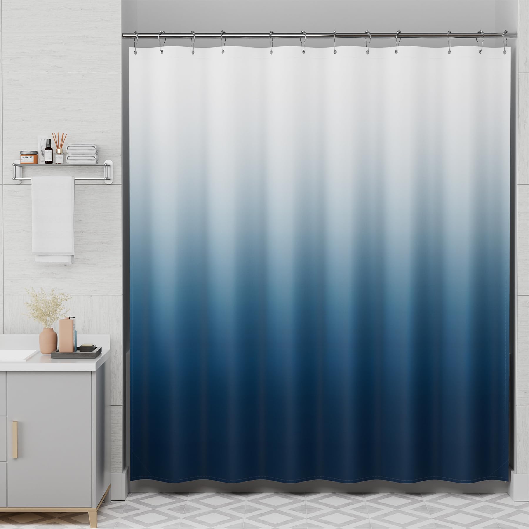 Amazerbath Shower Curtain, Cloth Ombre Blue Shower Curtain Set With 12 Shower Curtain Hooks, Washable Fabric Navy And White Show