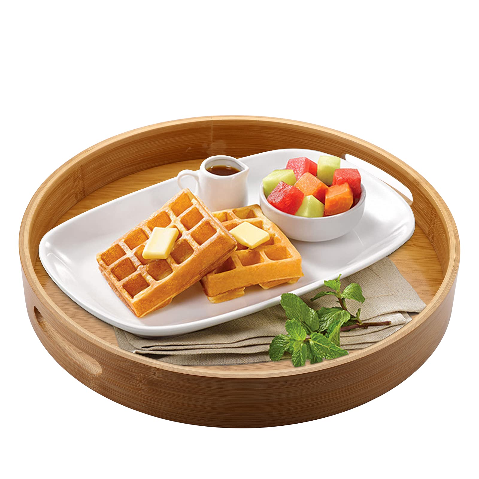 Jucoan 13.8 Inch Large Round Bamboo Serving Tray, Bamboo Wood Circle Tray with Handles, Round Ottoman Tray Food Tray for Serving