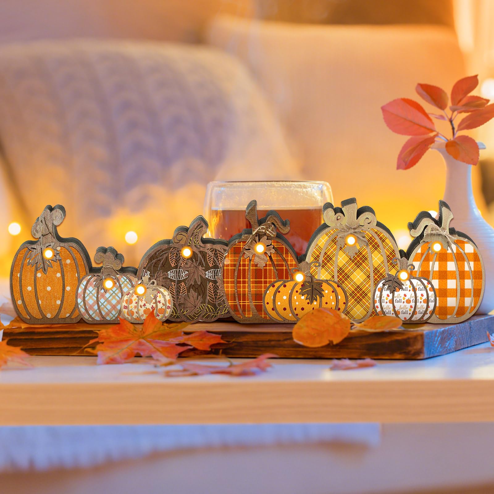 Yousoontic Thanksgiving Fall Pumpkin Decor Table Centerpieces Halloween Wooden Pumpkin Sign Decorations with LED Lights 3D Block