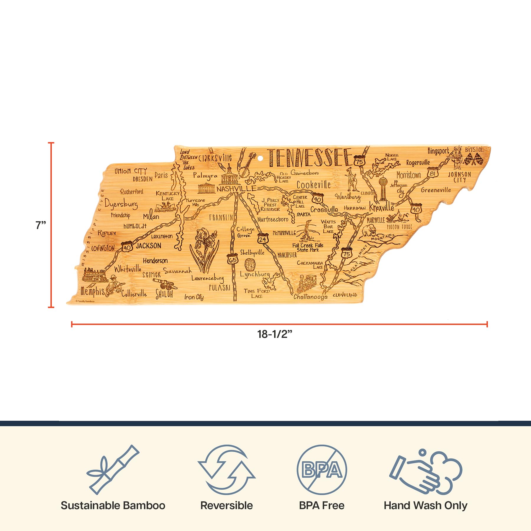 Totally Bamboo Destination Tennessee State Shaped Cutting Board, Charcuterie and Cheese Serving Board - Tennessee Gift for Home