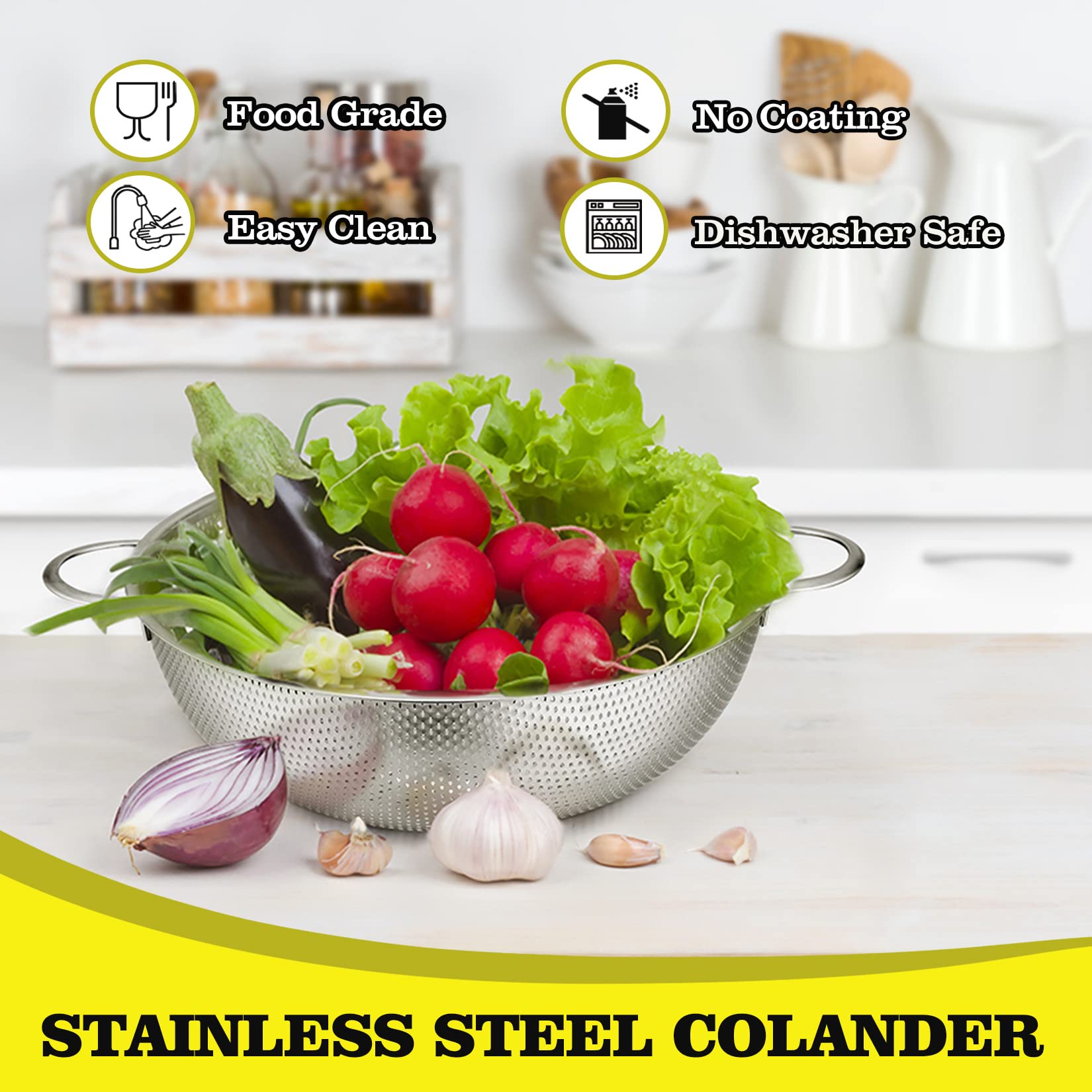 2-Piece Colanders (1 + 3 Qt), P&P Chef Stainless Steel Food Strainer With Handle, Micro-Perforated For Washing Rinsing Draining,