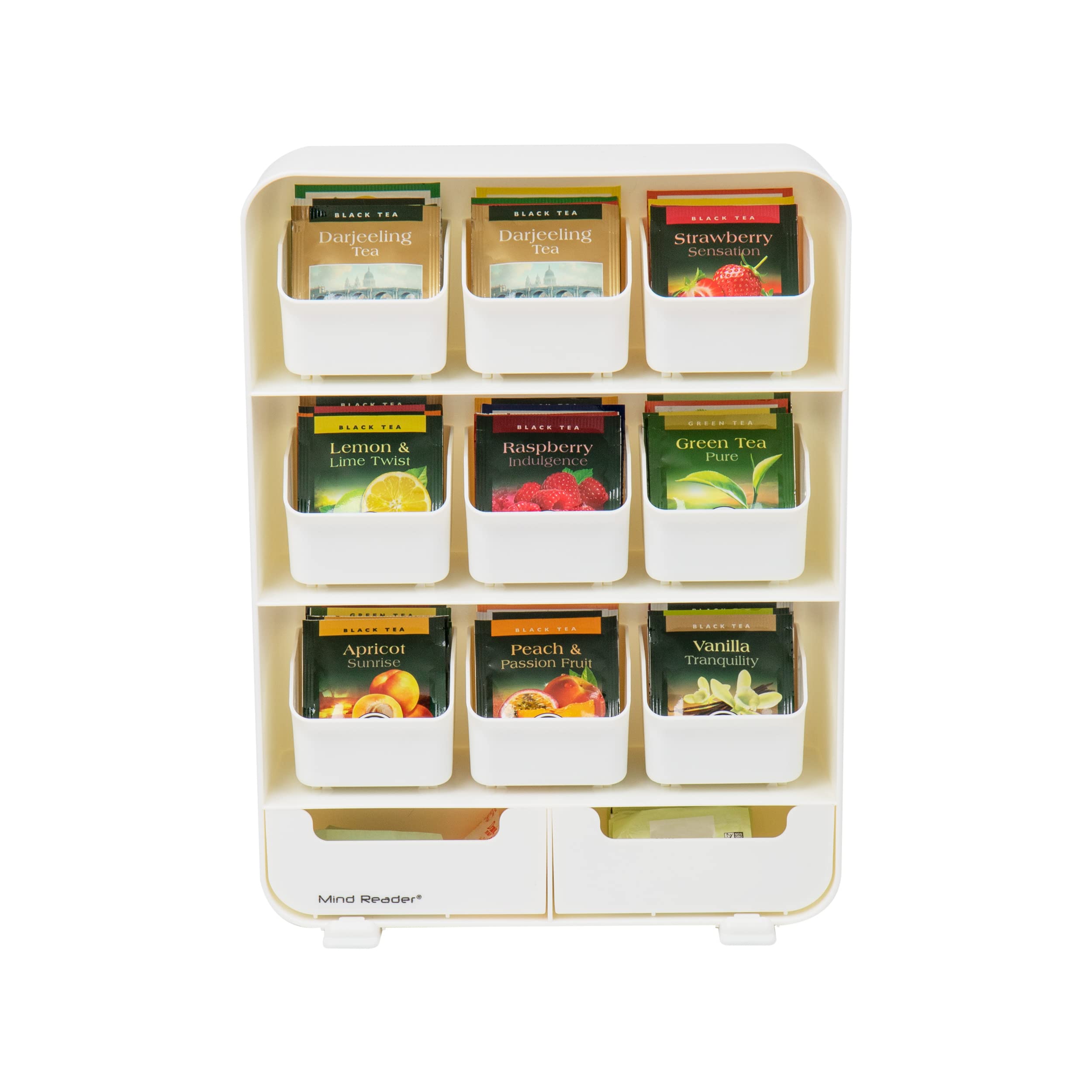 Mind Reader Tea Bag Organizer - Plastic Kitchen Storage, 10.25"L x 3.25"W x 13.75"H, White, Model TBORG-WHT