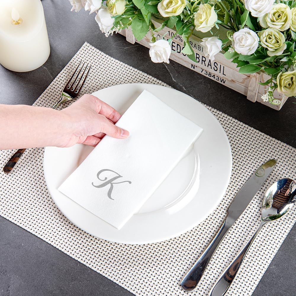 Luxenap 15.8 X 7.9 Inch Linen-Feel Guest Towels, 50 Lettered Hand Towels - Silver Letter 'K', Cursive Font, White Paper Dinner N
