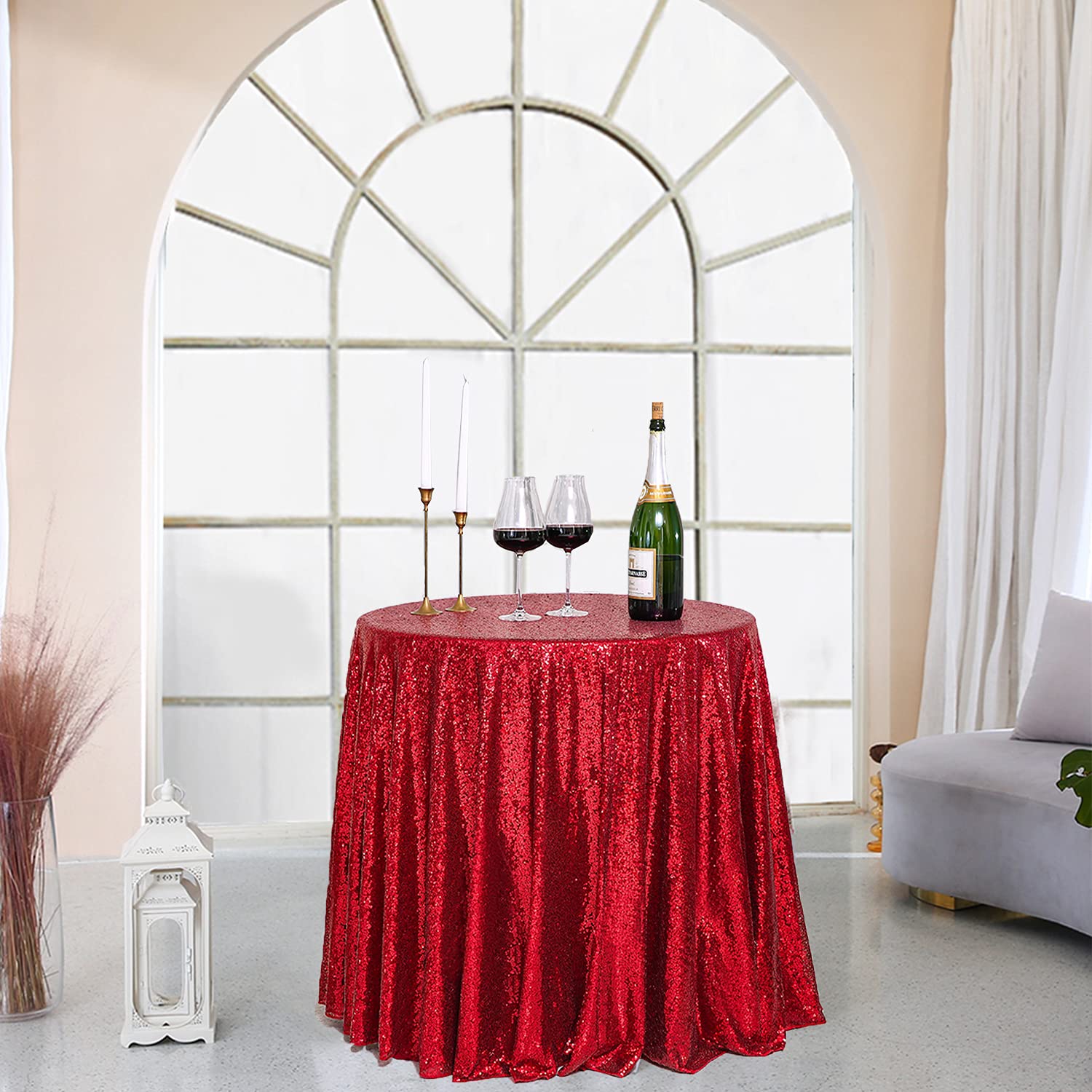 Fyledaee Red Round Sequin Table Cloths For Parties,48 Inch Glitter Table Cover Fitted Small Cute Sweet Dessert Tables For Weddin
