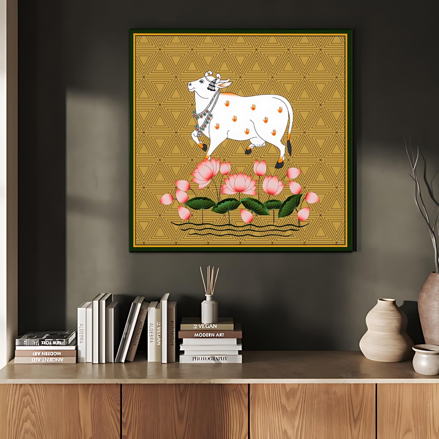 Chalk My Theme Sacred Cow Pichwai Wood Print Wall Art Gold Home Decor, Living Room, Bedroom, Cafe, Room Painting For Wall Decora