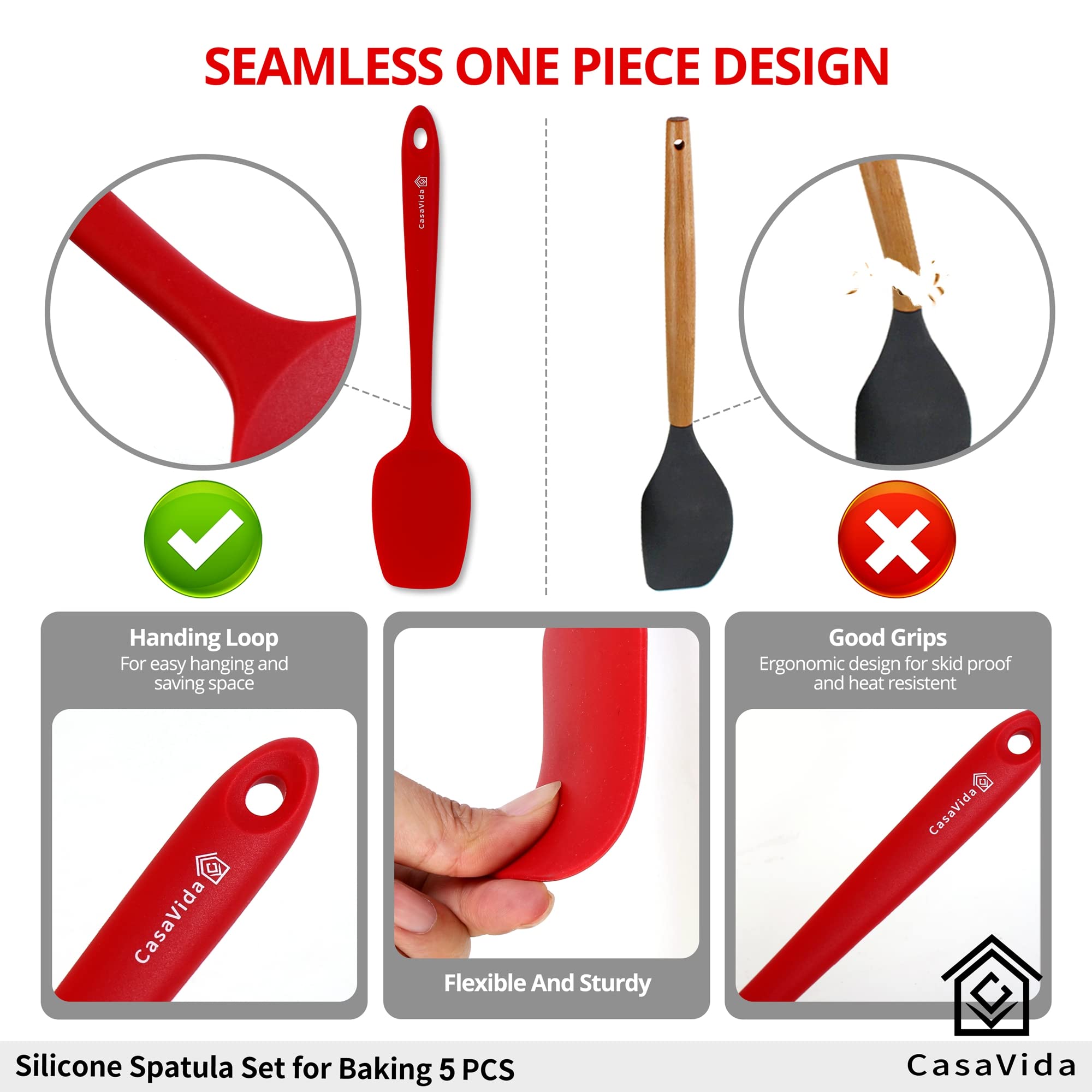 Casavida Silicone Spatula Set 5Pcs Red High Heat Resistant Non Stick Bakery Flexible Bpa Free Dishwasher Safe Kitchen Utensils B