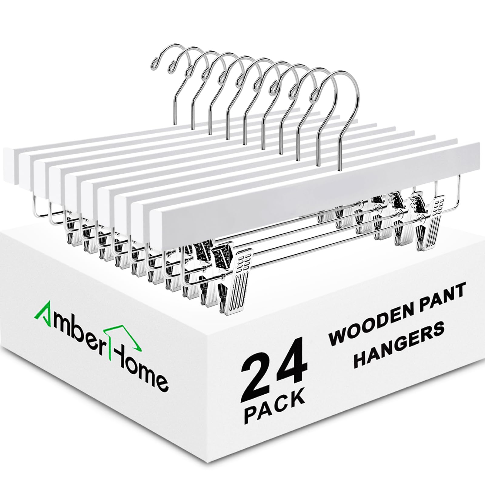 Amber Home White Wooden Pants Skirts Hangers 24 Pack  Solid Wood Trousers Bottom Hanger with 2-Adjustable Clips  Clips Hangers for Slacks  Jeans  Shorts (White  24 Pack)