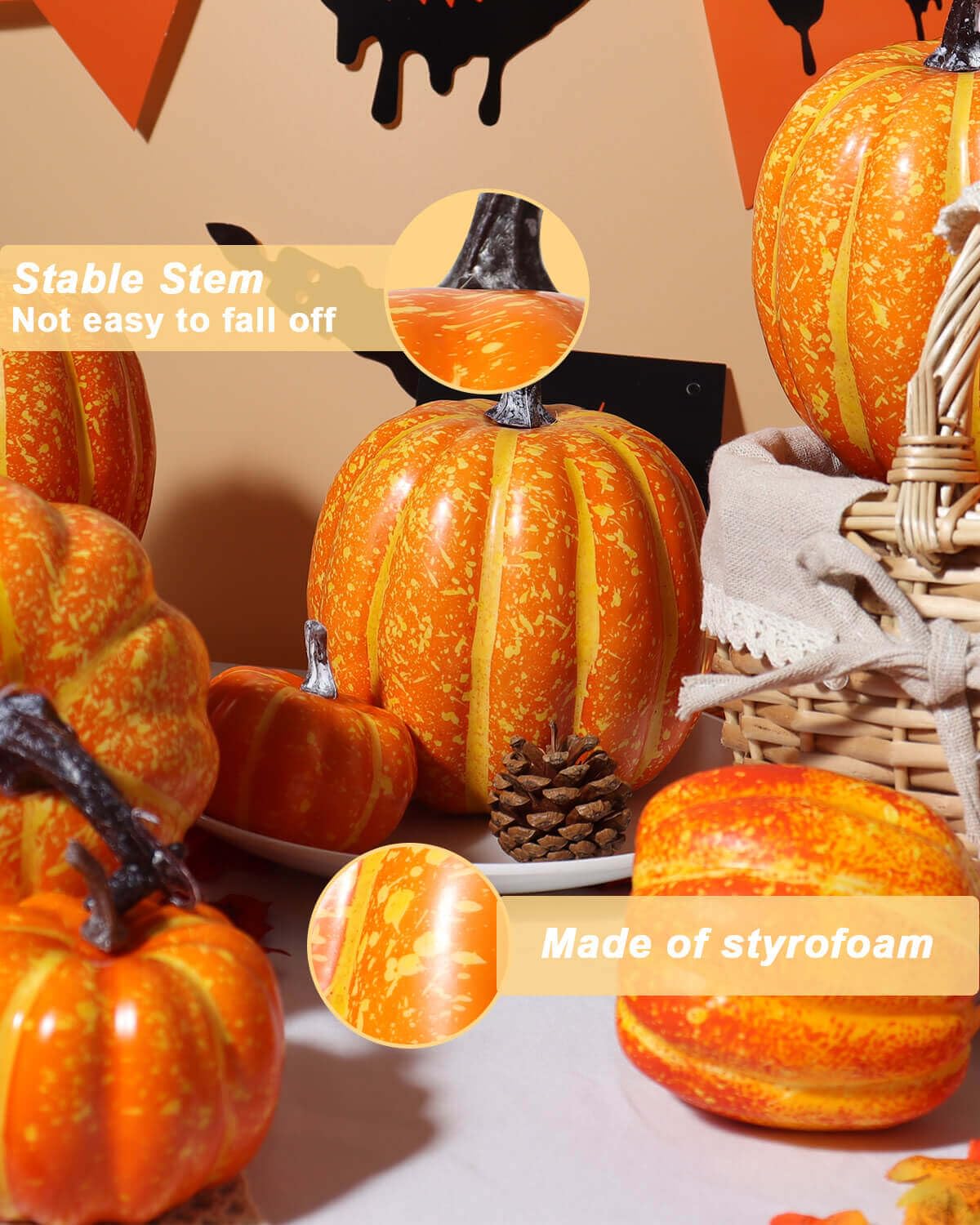 vensovo 6 Inch Large Pumpkins for Decorating - 4PCS Orange Foam Decorative Artificial Pumpkins for Fall Decor, Paintable, Perfec