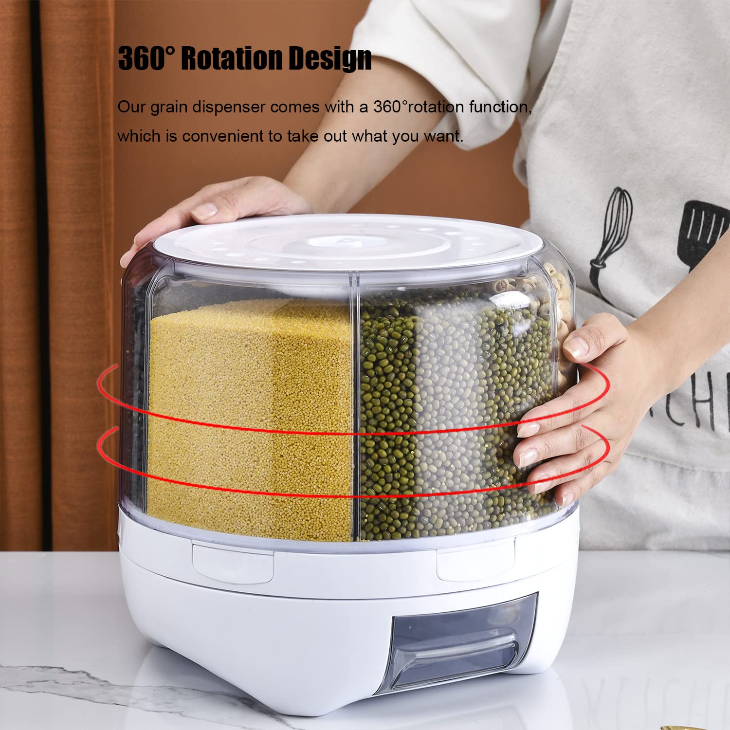 Xiyao 20Lbs Large Grain Dispenser 360Rotating Rice Food Dispenser 6 Grids Rice Container Rotatable Beans Containers Storage With