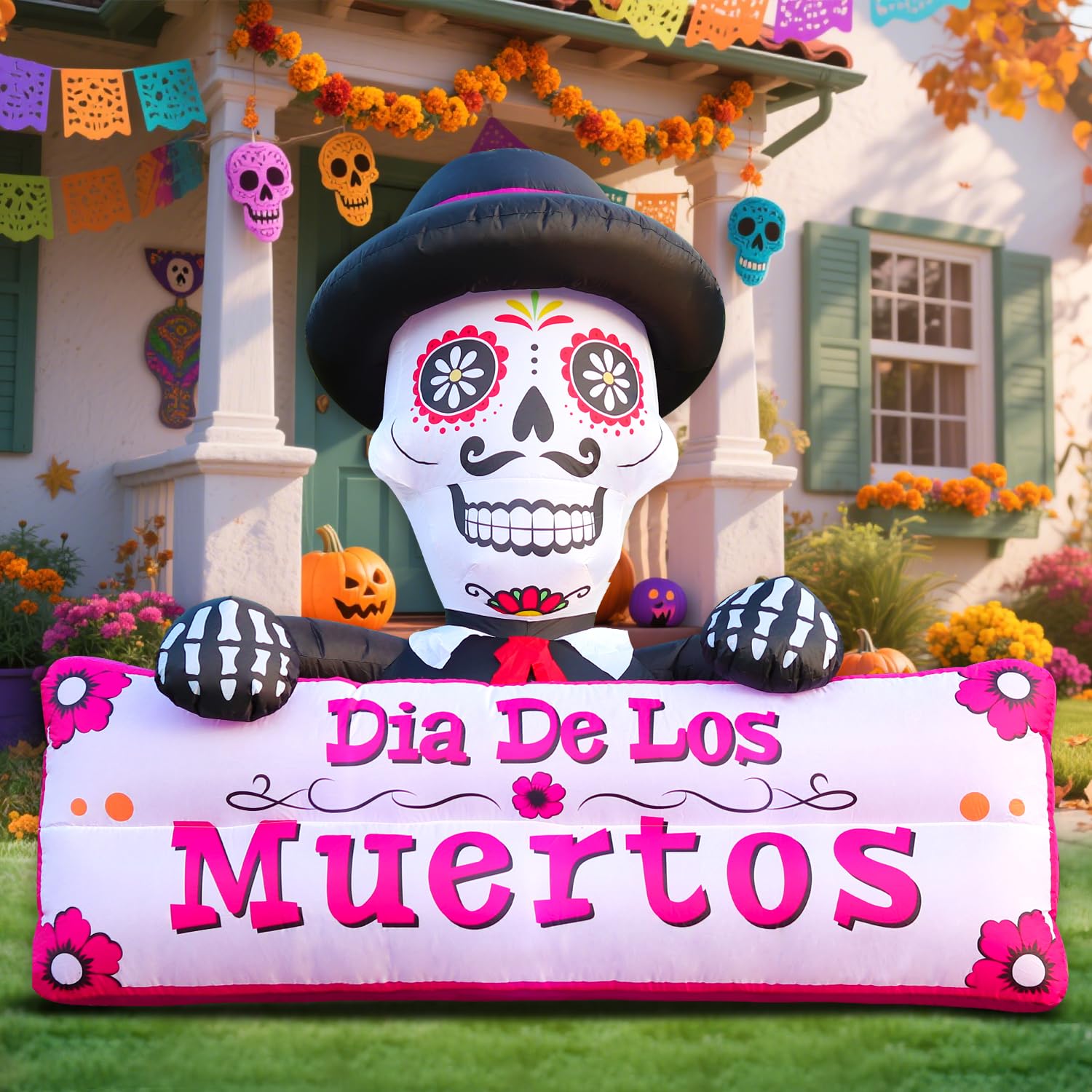 DomKom 6FT Halloween Inflatable Blow Up Decorations, Dia de Los Muertos Day of Dead Banner, Build-in LED Lights Holiday Blow Up