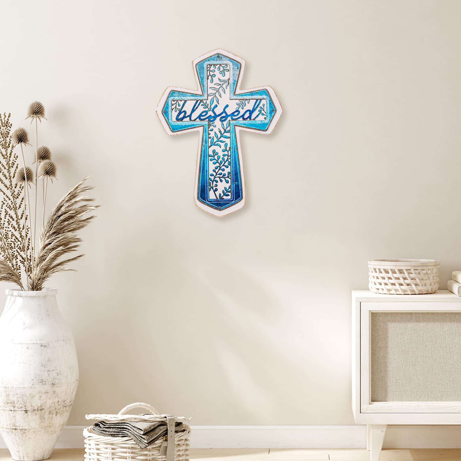 OKSQW 11 Wall Cross Handmade White Wood & Blue Iron Christians Spiritual Religious Cross with Hook Christmas Wall Hanging Cross