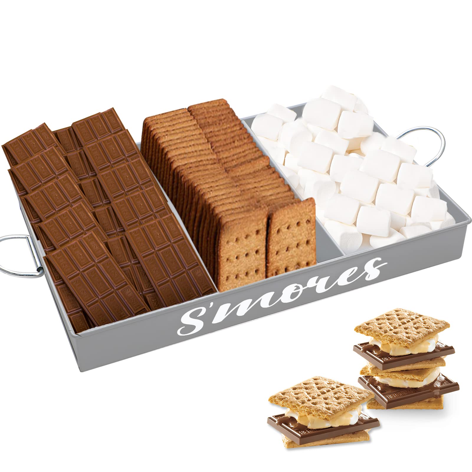 Webake Smores Tray With Food Tongs, Grey S'Mores Station Farmhouse S'Mores Bar Holder With Handles Rectangle Divided Metal Servi