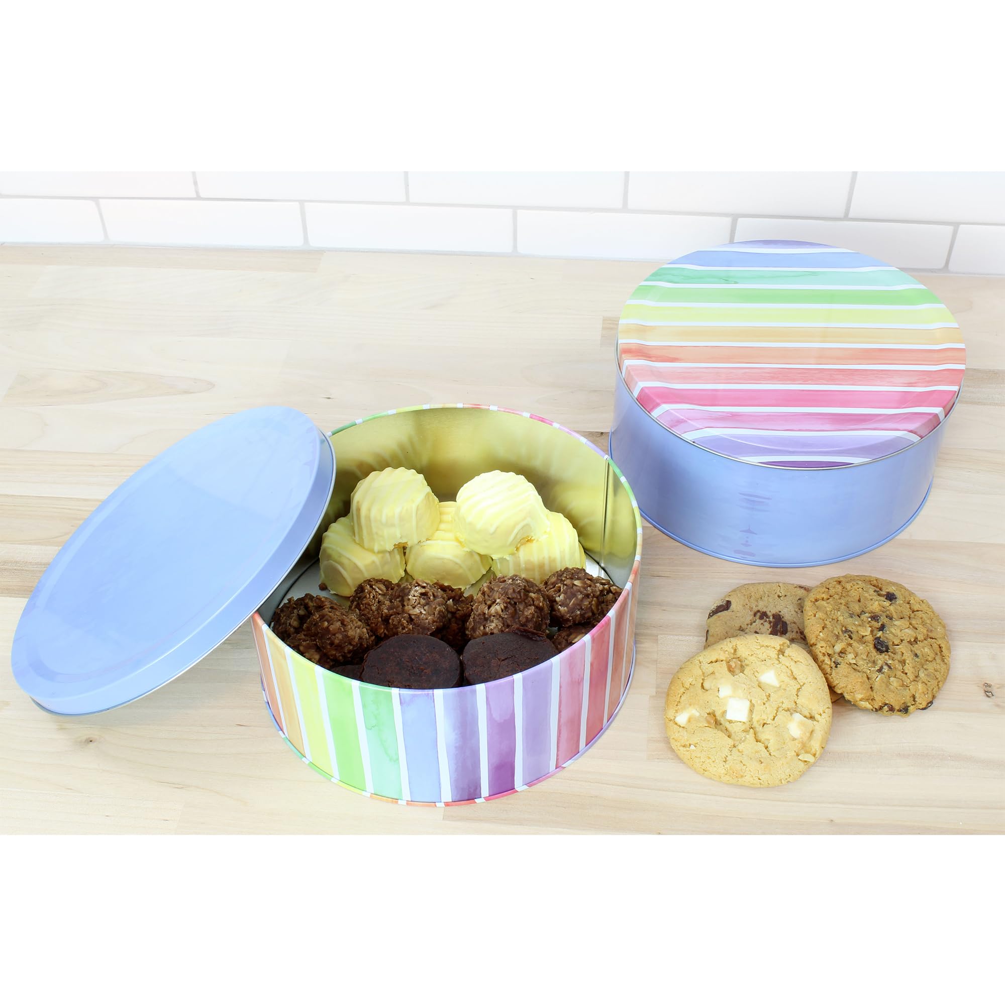 Cornucopia Cookie Tins (Set Of 2, Blue And Rainbow); Round Baking And Cake Tins For Special Occasions And Holidays, 7.75-Inch Wi