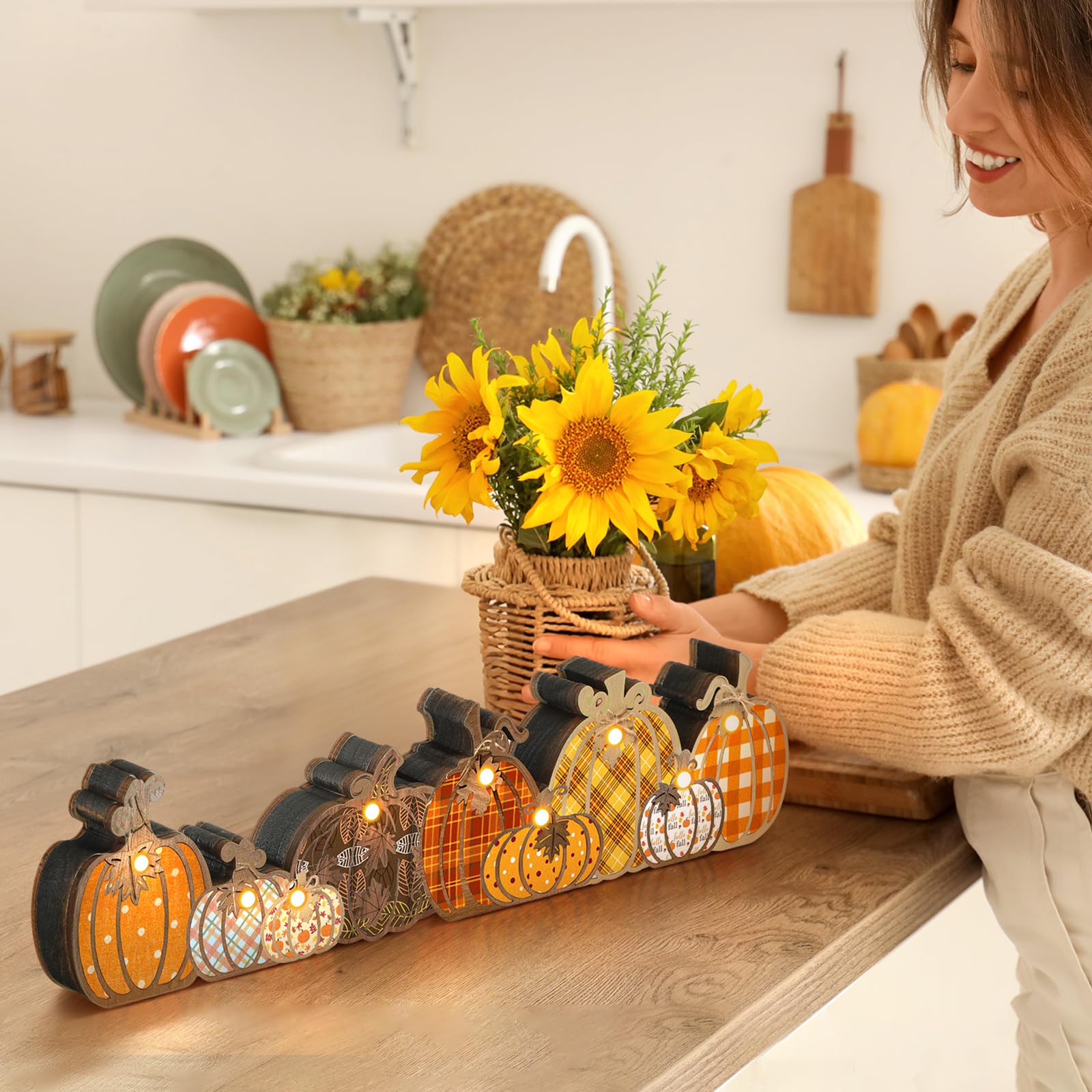 Yousoontic Thanksgiving Fall Pumpkin Decor Table Centerpieces Halloween Wooden Pumpkin Sign Decorations with LED Lights 3D Block