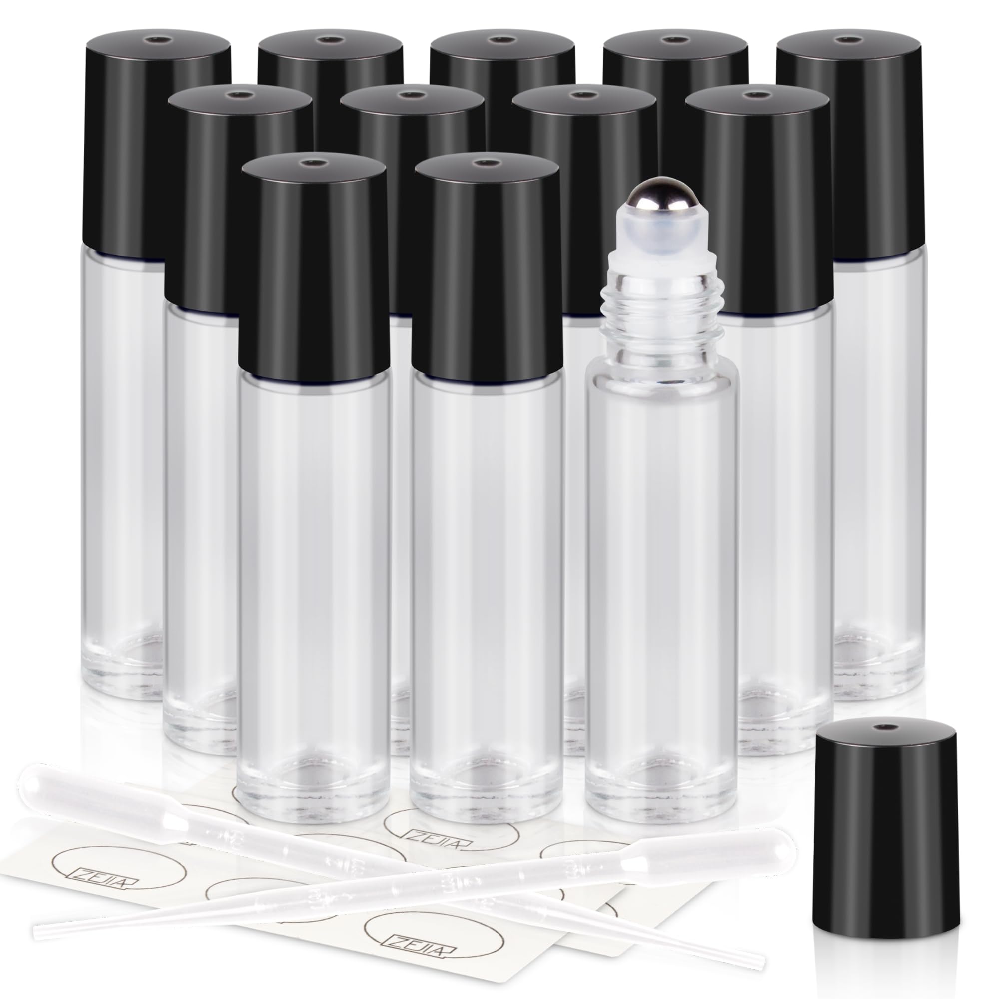 Zejia 10Ml Roller Bottles For Essential Oils, 12 Pack Clear Roll On Bottles, Thick Glass Roller Bottles For Oils, With Stainless