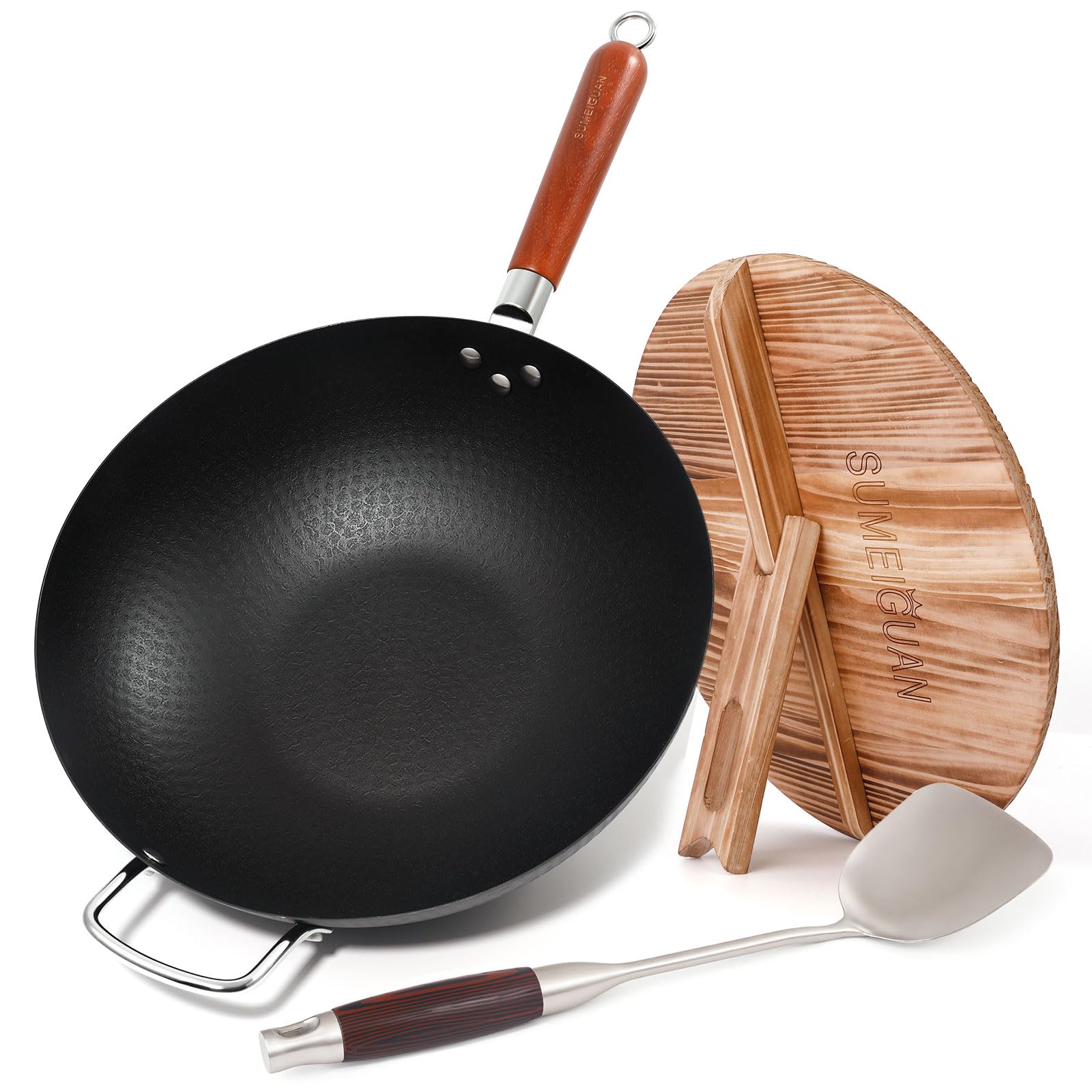 SUMEIGUAN 13.5 Carbon Steel Wok Pan with Wooden Lid Standable, Pre-Seasoned Flat Bottom Woks & Stir-fry Pans Chinese Cookware Co