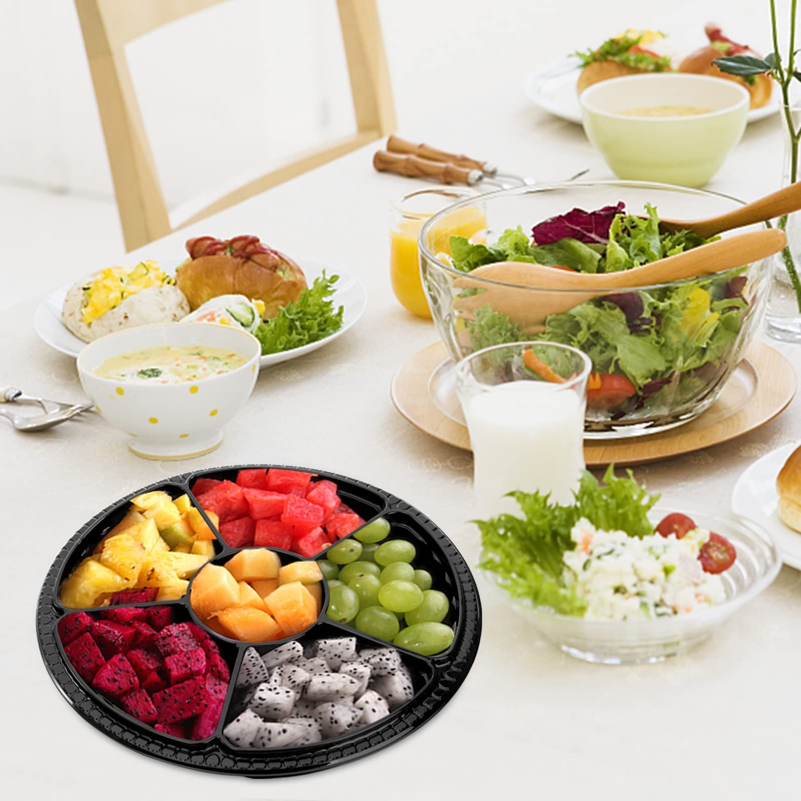 Lawei 30 Pack Plastic Appetizer Trays With Clear Lid, Round Stackable Serving Party Trays, 12 In Banquet Catering Fruit Vegetabl