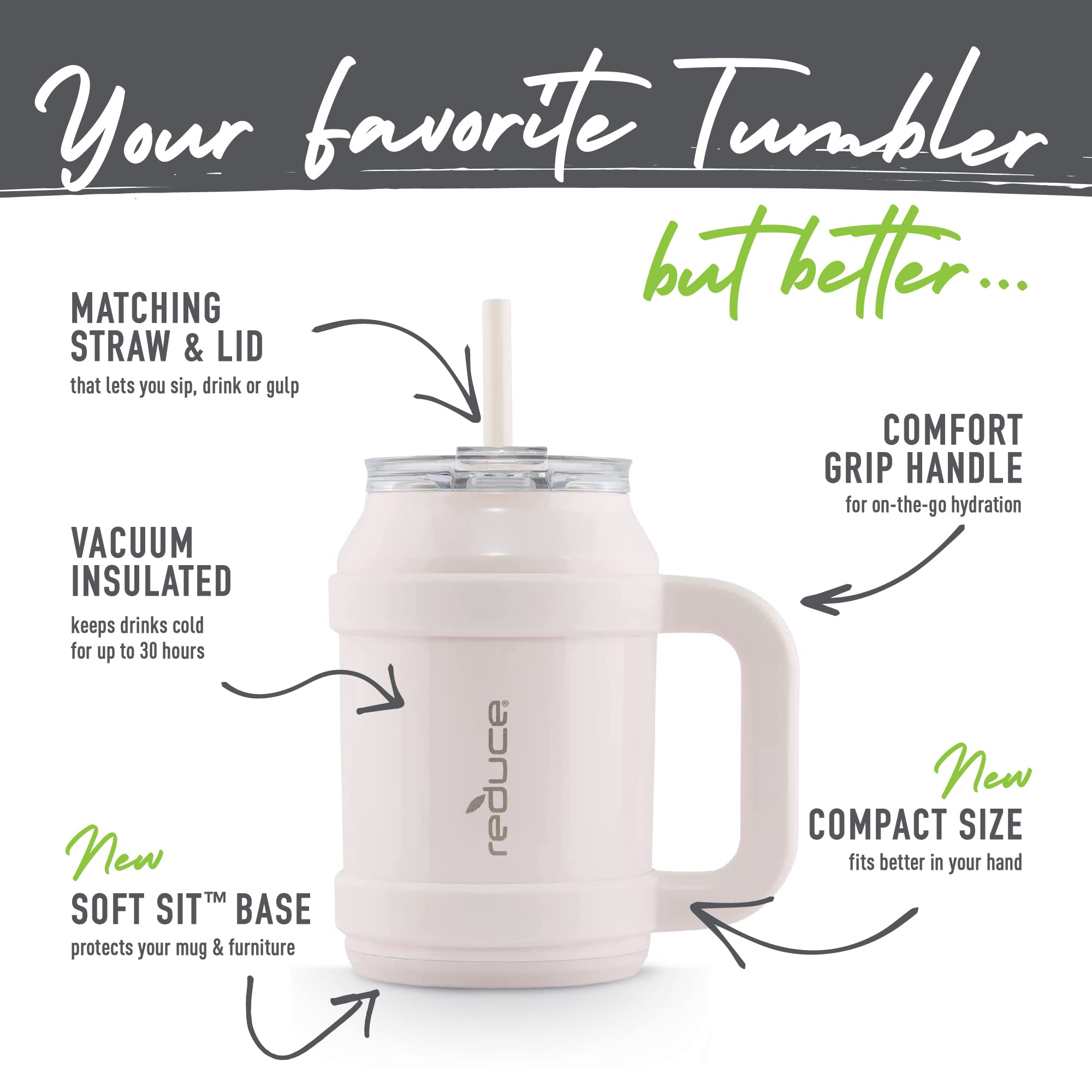 REDUCE Reusable 32 oz Cold1 Water Tumbler - Ergonomic Handle - Double-Wall Insulation - Sturdy Desktop/Tabletop Mug with Lid and