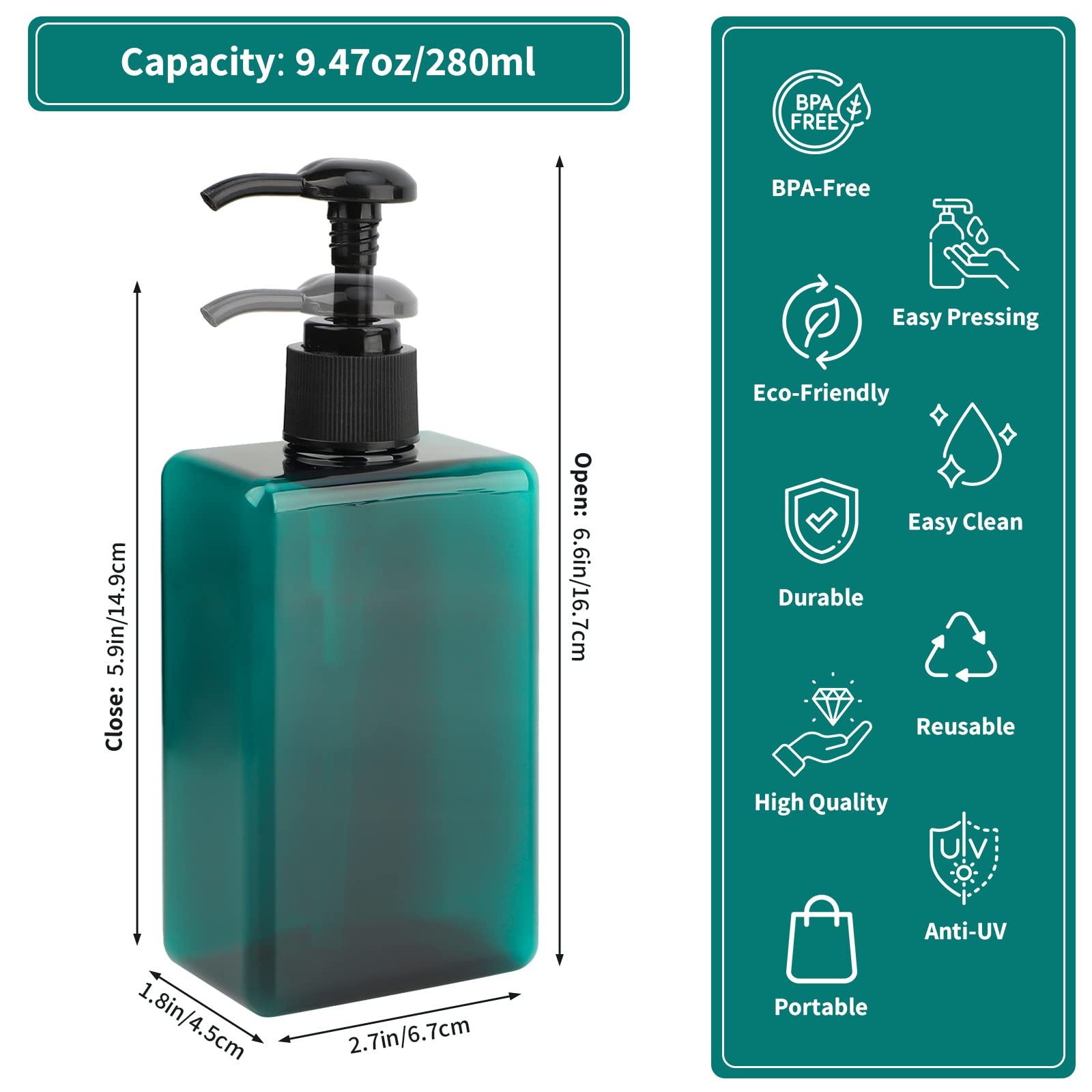 Segbeauty 4Pcs Empty Shampoo Bottles, 9.5Oz Plastic Square Shower Pump Bottle Refillable, 280Ml Small Green Lotion Dispenser Mak