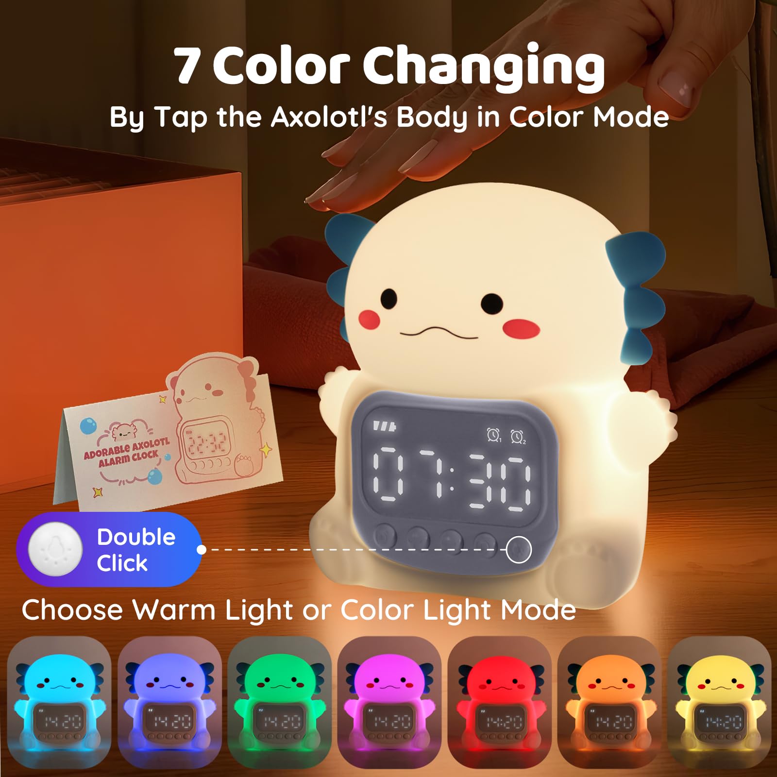 Aokpsrt Axolotl Alarm Clock with Night Light for Kids, Rechargeable Silicone Lamp Time to Wake Clock Cute Animal Tabletop Lamp,
