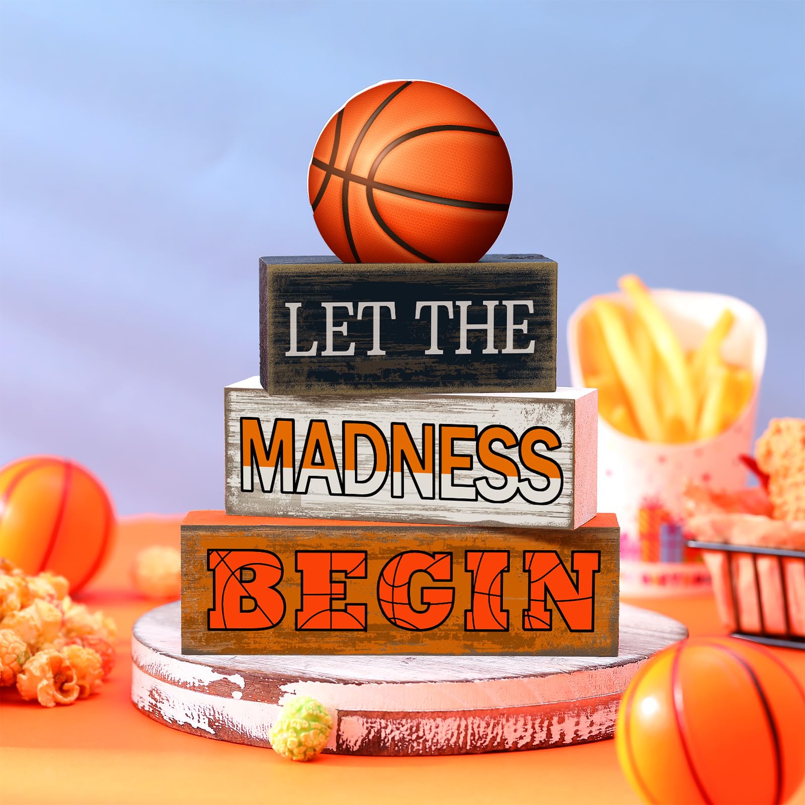 Yuntau 4 Pcs Basketball Wooden Table Decorations Basketball Tiered Tray Decor Birthday Party Table Centerpieces Rustic Wood Bloc