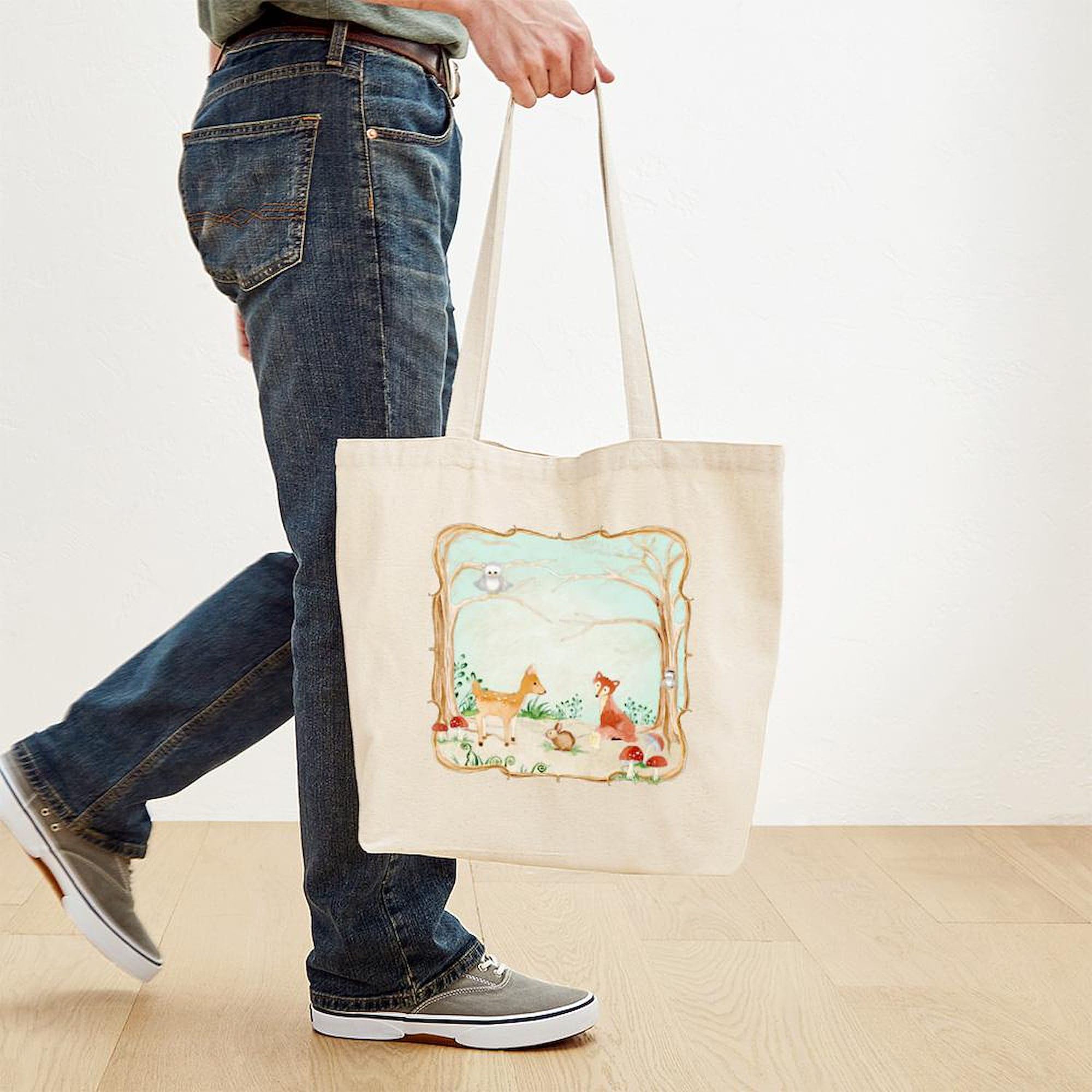 Cafepress Woodland Creatures Animals Deer Fox Rabbit Owl Art Natural Canvas Tote Bag, Reusable Shopping Bag
