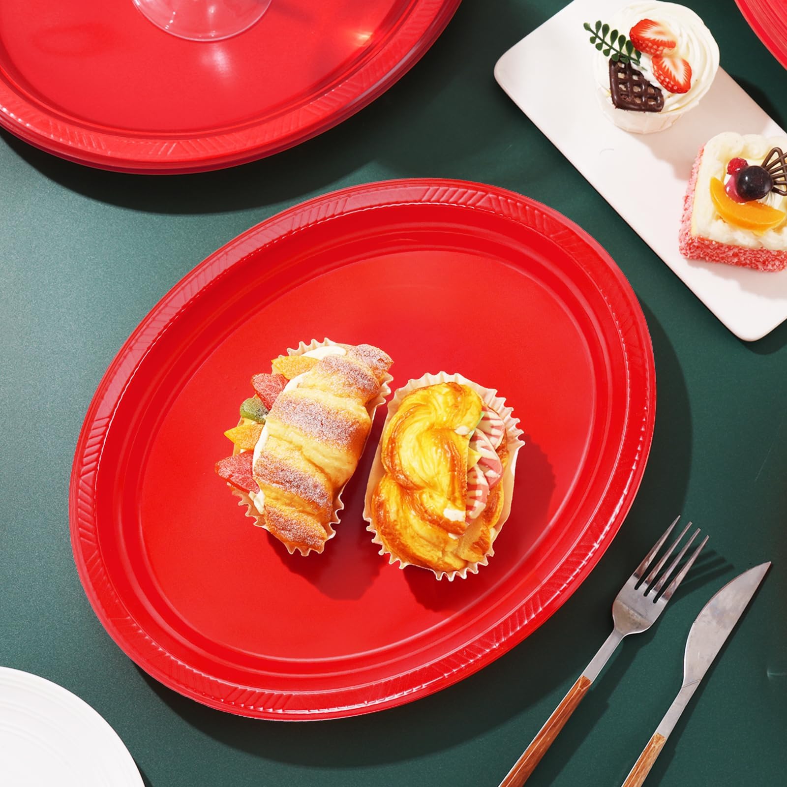 Bonsiny 50 Count Red Plates Disposable Heavy Duty 10'' X 12'' Oval Plastic Party Plates - Red Plastic Plates For Party Birthday