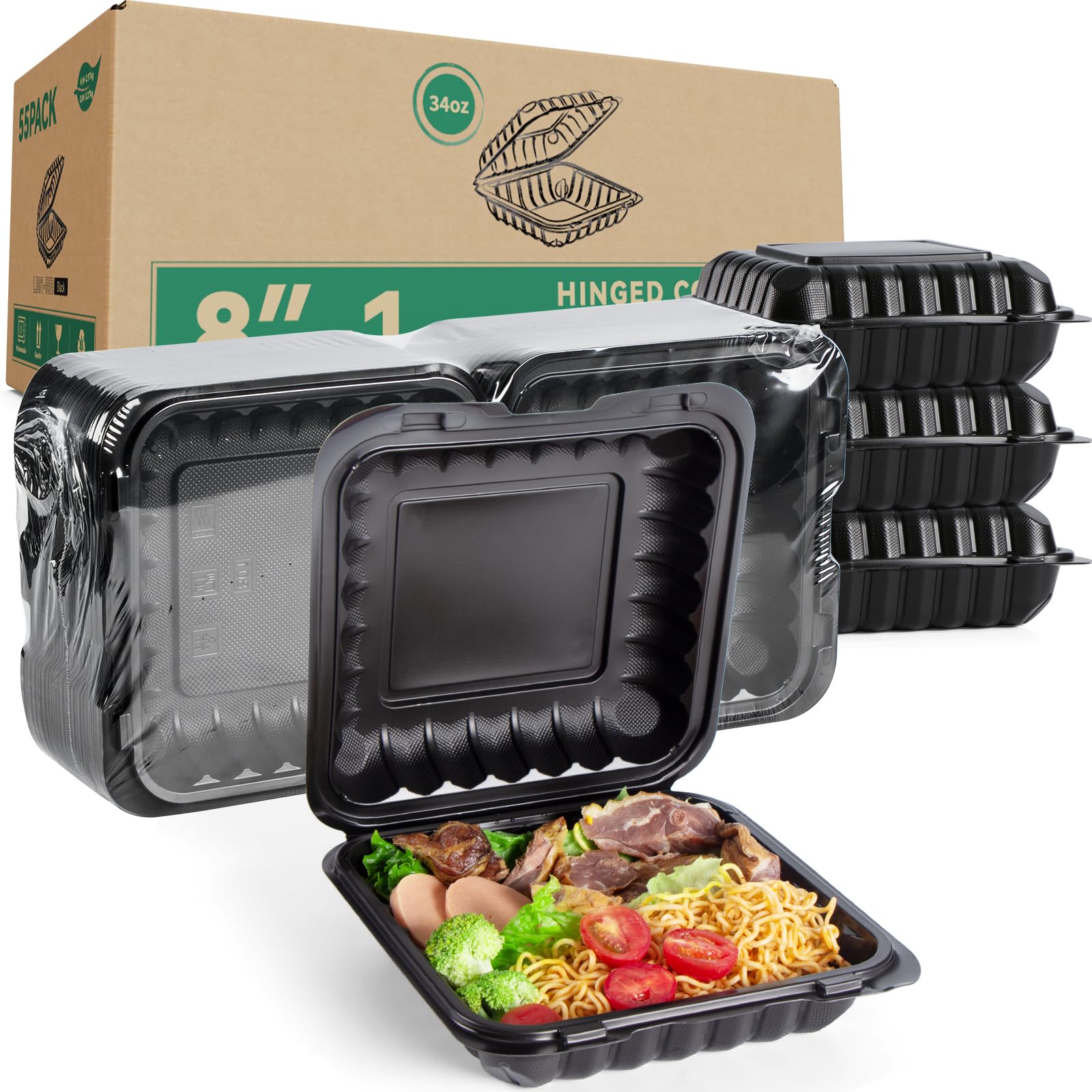 LEOBOX To Go Containers Mineral Filled PP Plastic - 8 Inch 34oz 55 Pack | Shrink Wrap BPA Free Takeout Boxes | Freezer & Microwa
