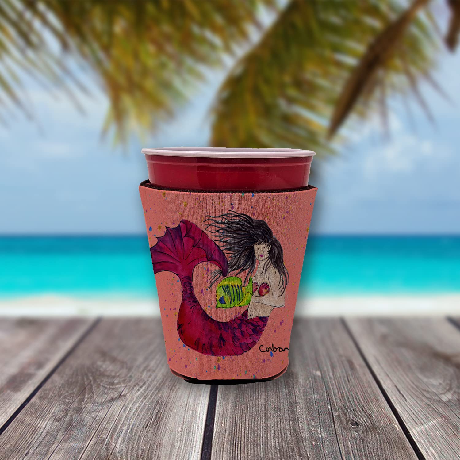 Mermaid Black Hair Mermaid Red Solo Cup Beverage Insulator Hugger