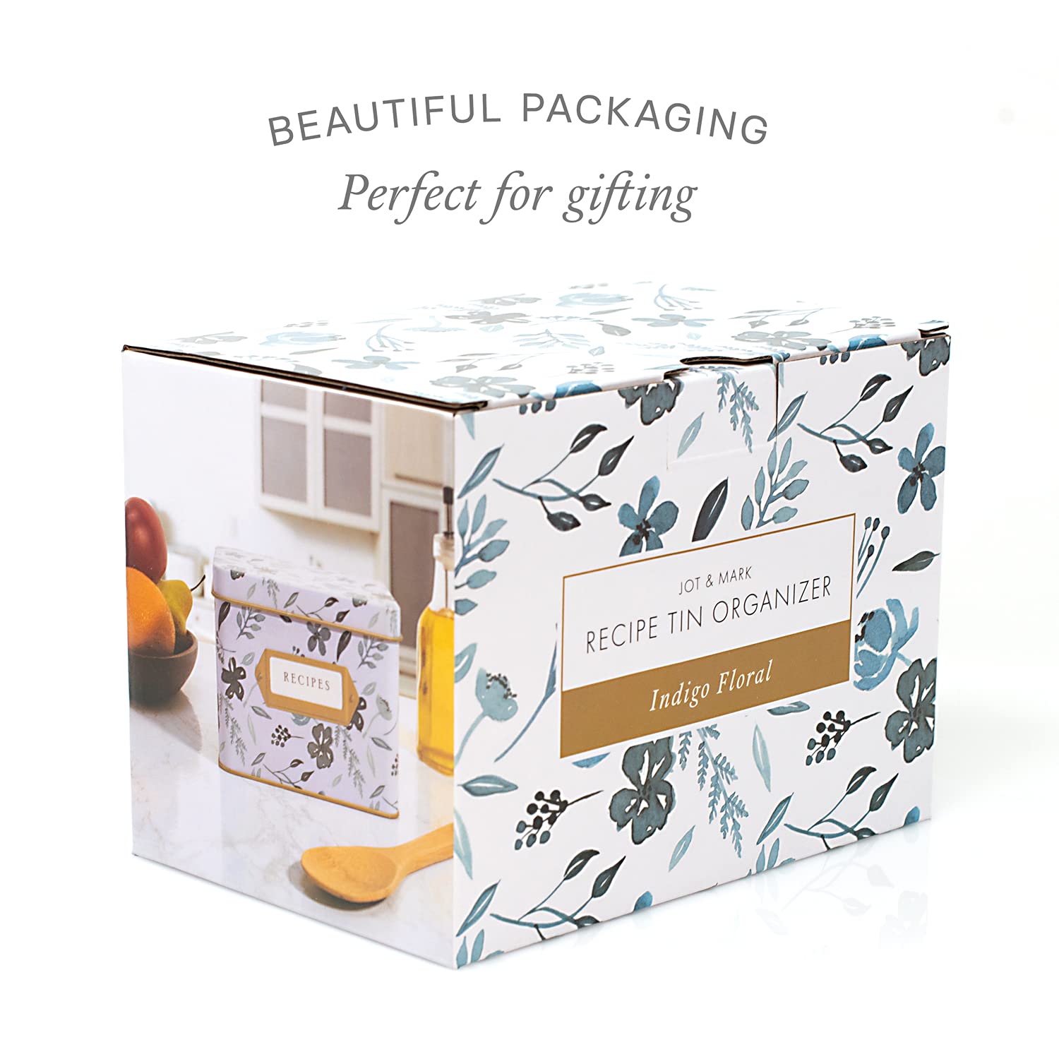 Jot & Mark Recipe Card Complete Gift Box | Decorative Recipe Tin Box, Recipe Cards, Index Dividers (14 Dividers, 50 4X6 Inch Car