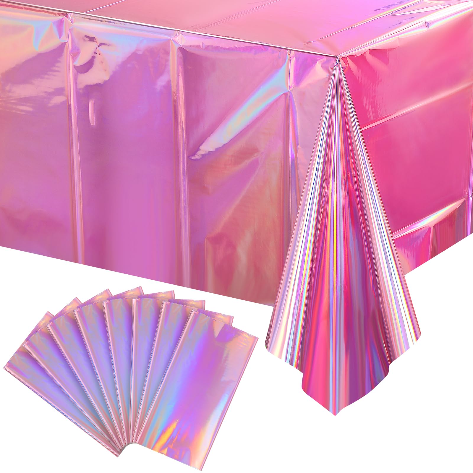 8 Pack Iridescent Pink Plastic Tablecloths, FunnyPars Shiny Disposable Laser Rectangle Table Covers, Holographic Foil Tablecloth
