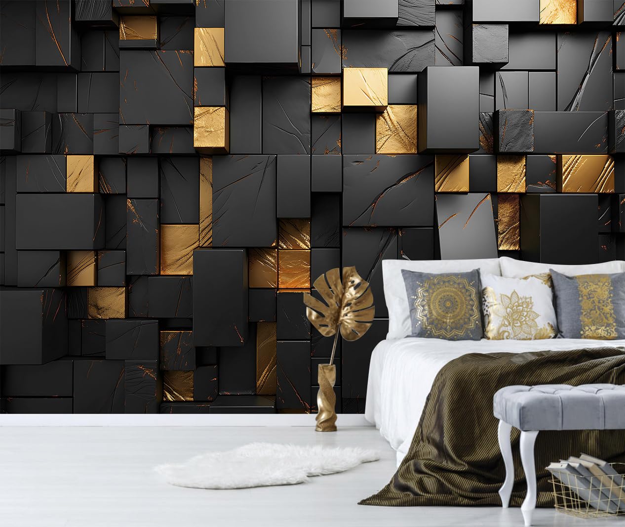 TUNDJ - Black Gold Geometric Wallpaper Peel and Stick 3D Large Self Adhesive Wall Mural for Living Room 82x57