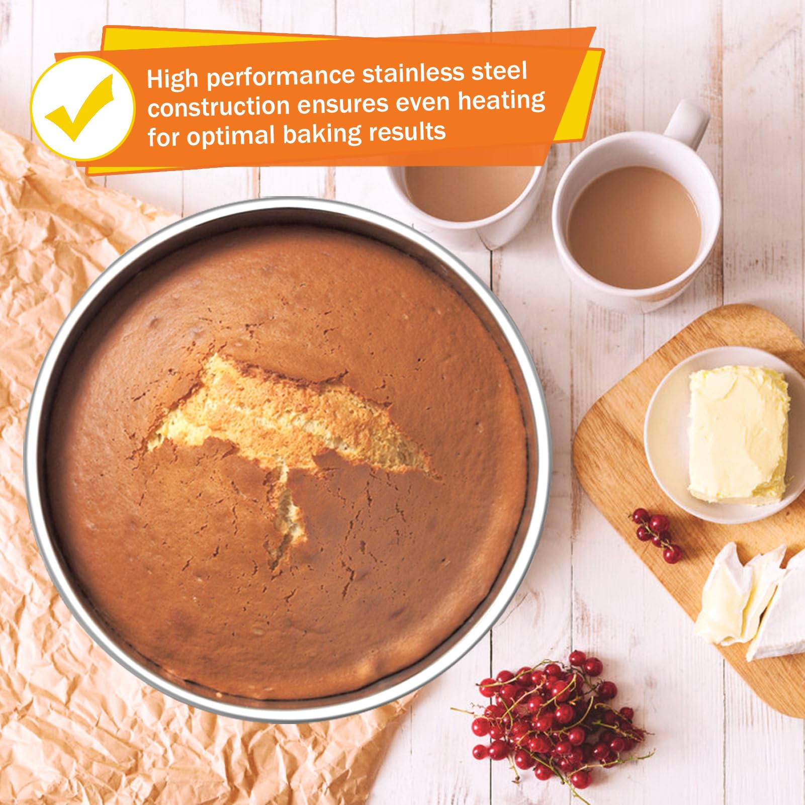 8 Inch Cake Pan Set, 3 Pcs P&P Chef Round Baking Pans Stainless Steel Layer Birthday Wedding Cake Pans, Fit Oven/Pots/Pressure C