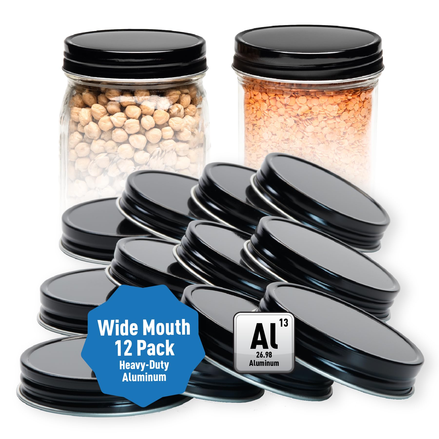 Allspice Rust-Proof Wide Mouth Aluminum Metal Mason Jar Lids Leak-Proof 12-Pack (Black)