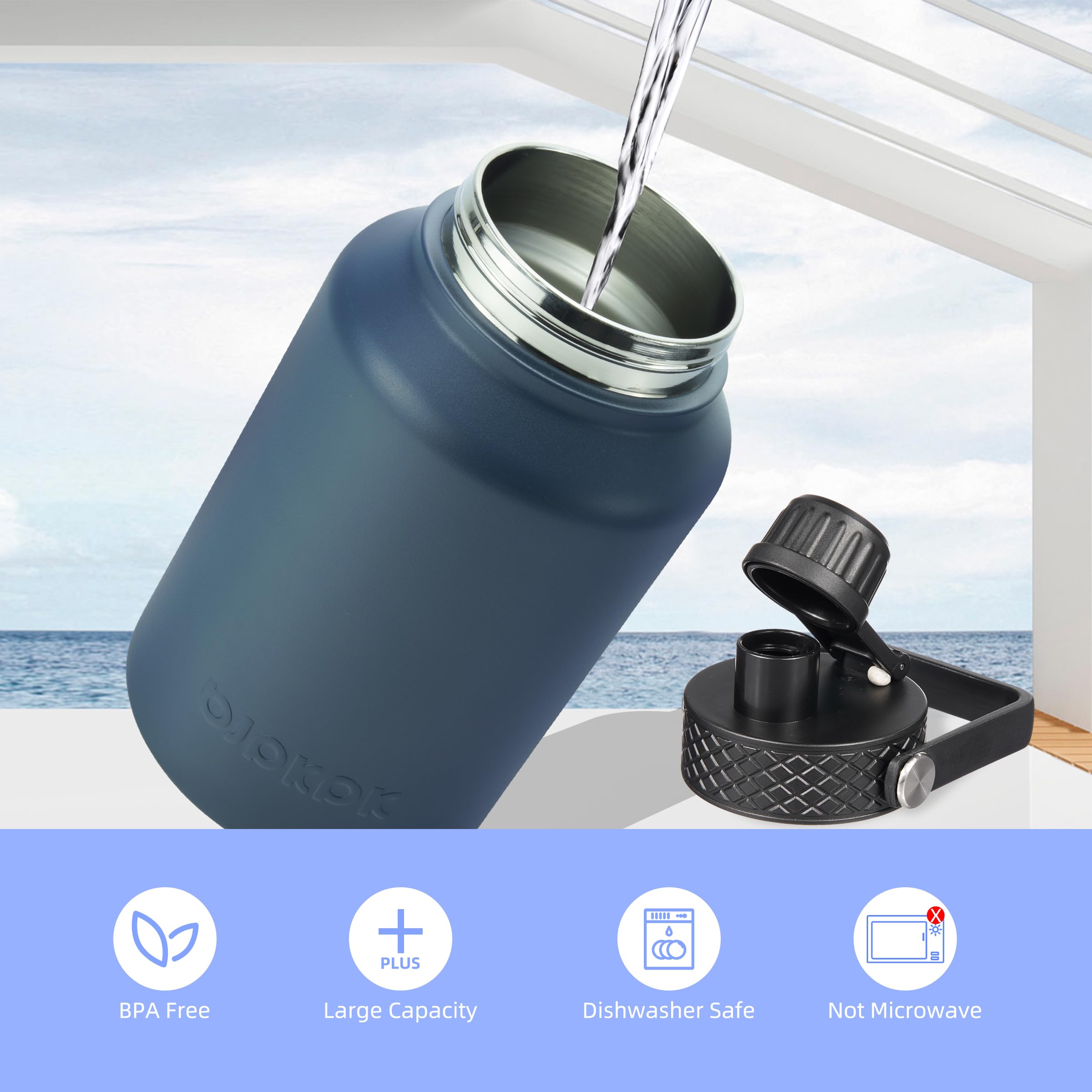 Bjpkpk 50Oz Stainless Steel Insulated Water Bottle, Vacuum Water Bottle With Straw, Leak Proof, Hot & Cold Insulation, 3 Lids &