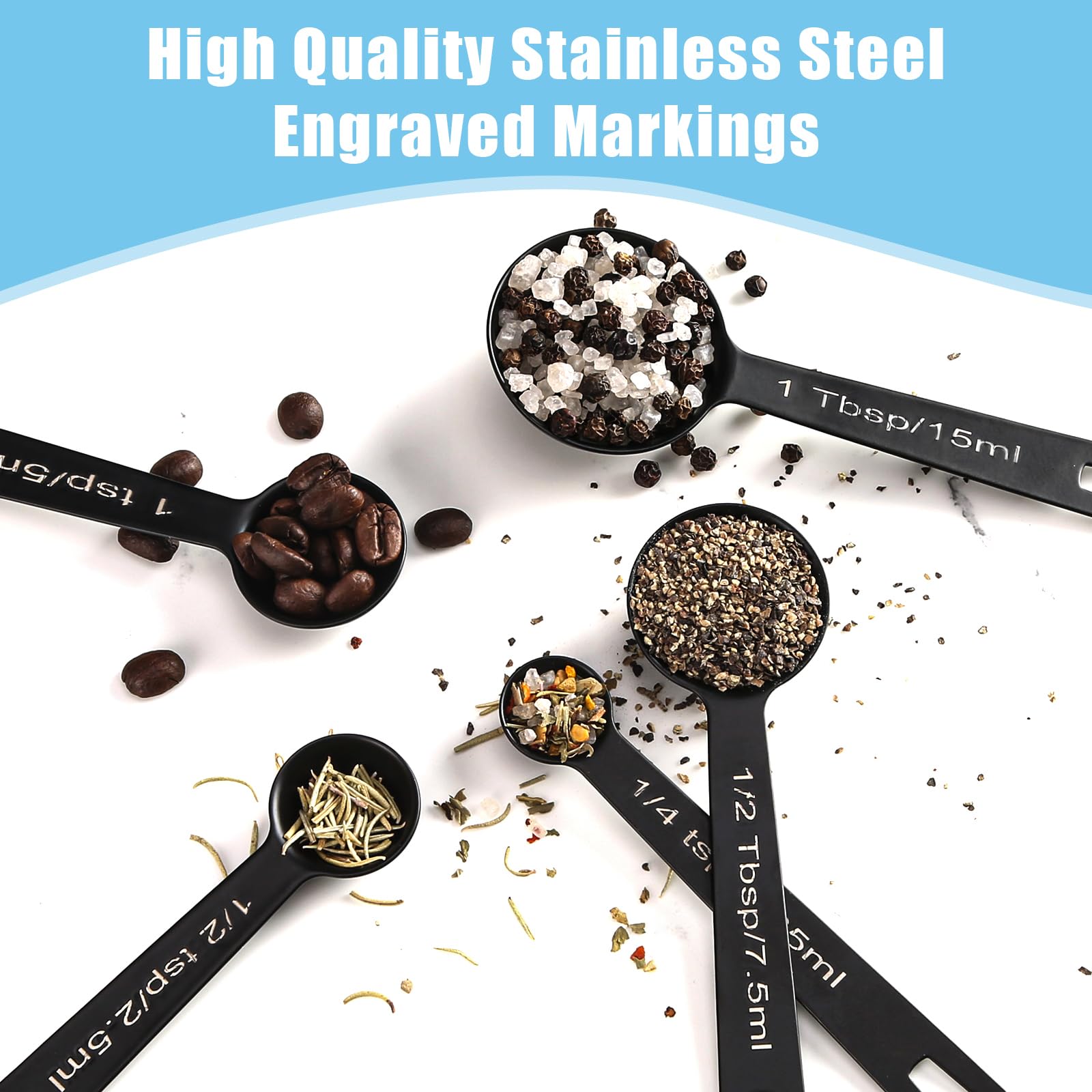 Muchtolove Stainless Steel Measuring Spoons Set Of 5, Metal Measuring Cups And Spoons Set For Liquid/Food/Kitchen/Baking (Black)